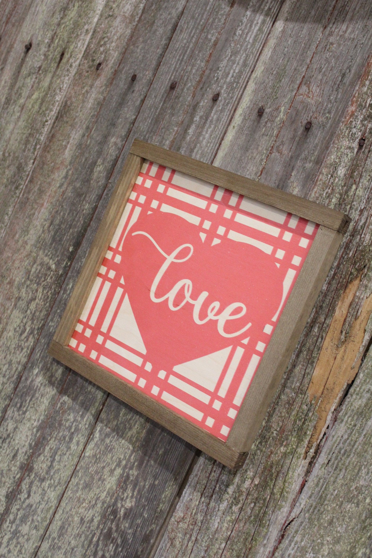 Valentines Wood Sign Love Plaid Valentines Day Hearts Red Pink Brown Framed Print Wall Art Farmhouse Primitive Rustic