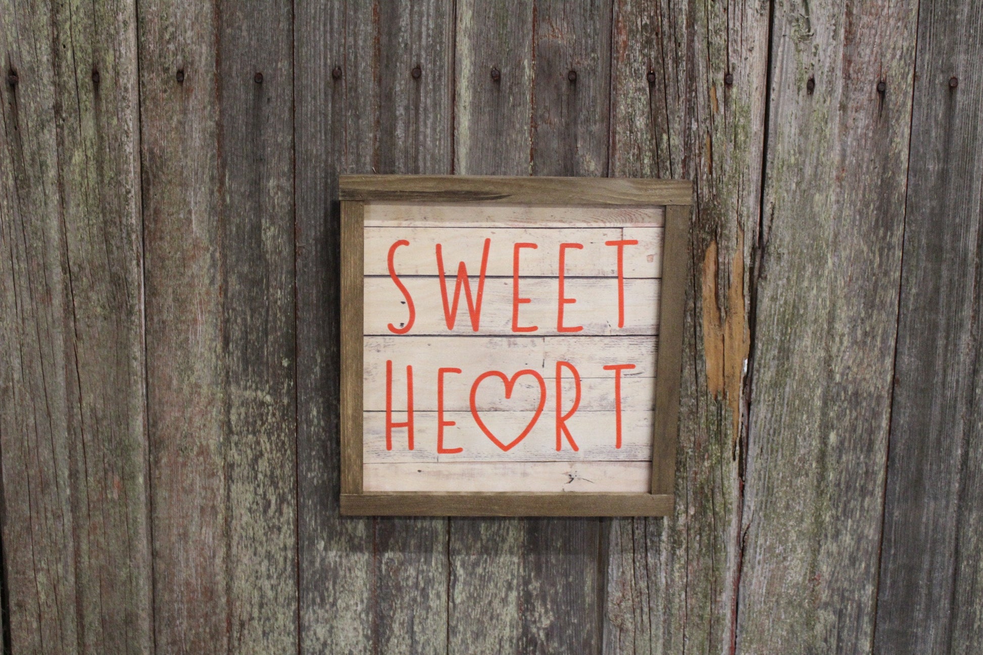 Valentines Wood Sign Sweet Heart Sweetest Day Valentines Day Hearts Red Shiplap Brown Framed Print Wall Art Farmhouse Primitive Rustic Text