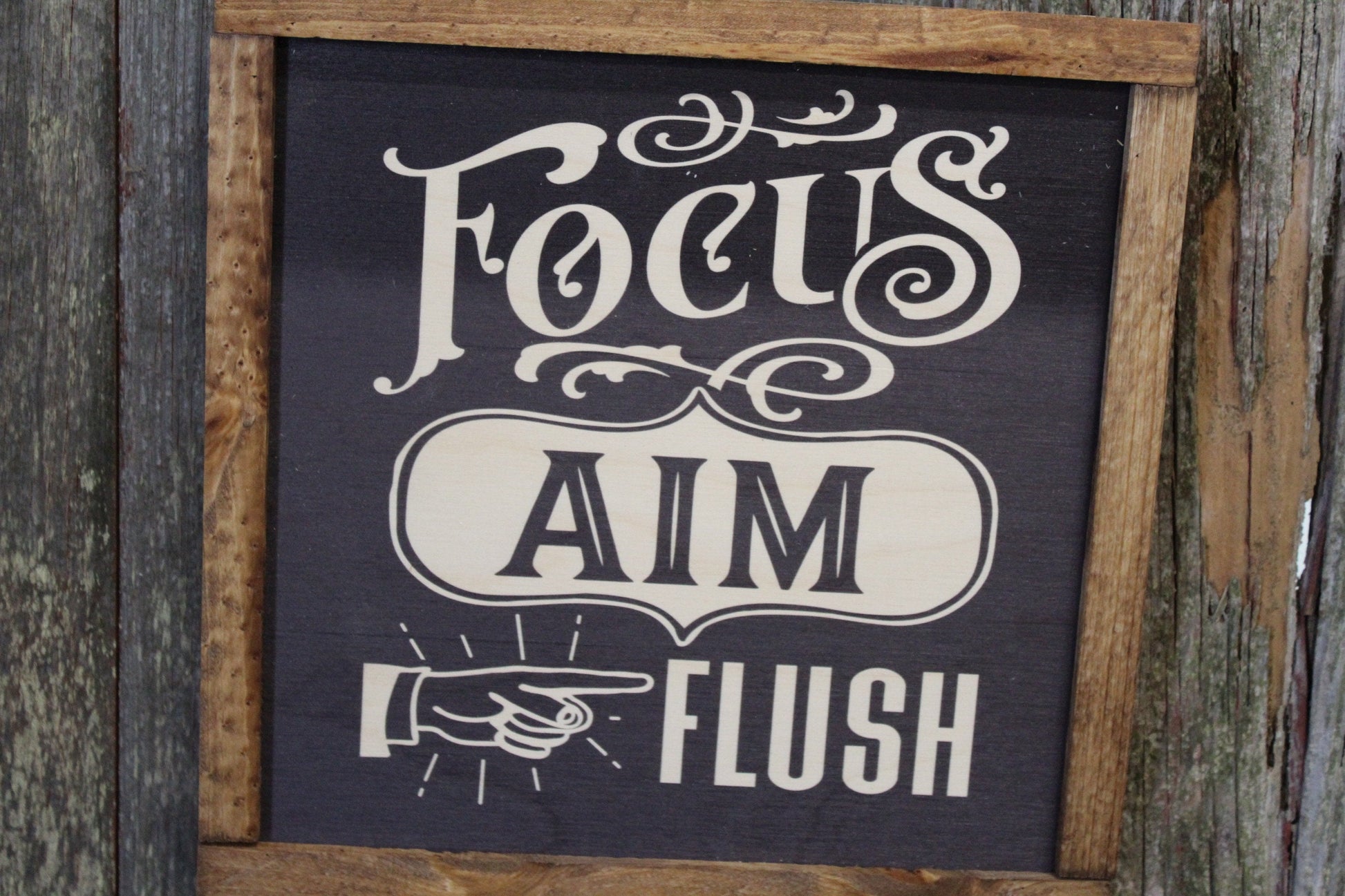 Focus Aim Flush Bathroom Wood Sign Half Bath Wall Art Wall Hanging Farmhouse Rustic Shiplap Funny Humor Retro Scroll Clean Bathroom Wash