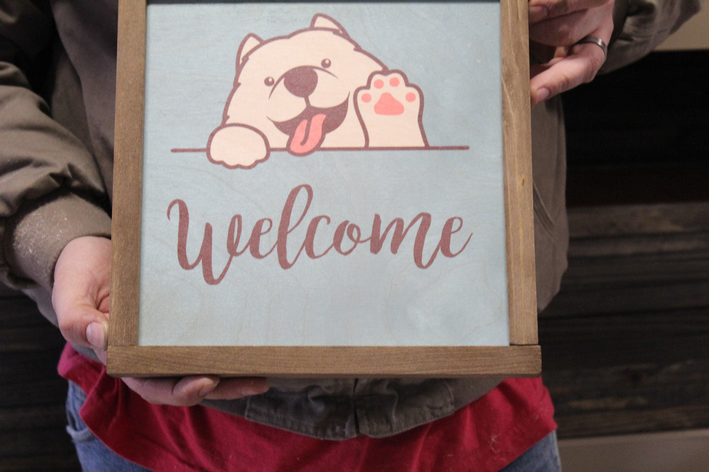 American Eskimo Welcome Wood Sign Fluffy Waving Dog Samoyed Puppy Print Wall Art Decoration Wall Hanging Farmhouse Rustic Framed