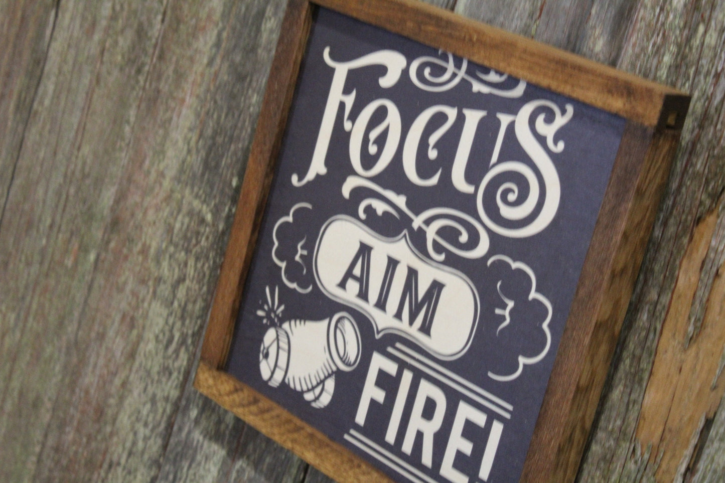 Focus Aim Fire Bathroom Wood Sign Canon Half Bath Wall Art Wall Hanging Farmhouse Rustic Shiplap Funny Humor Retro Scroll Clean Wash