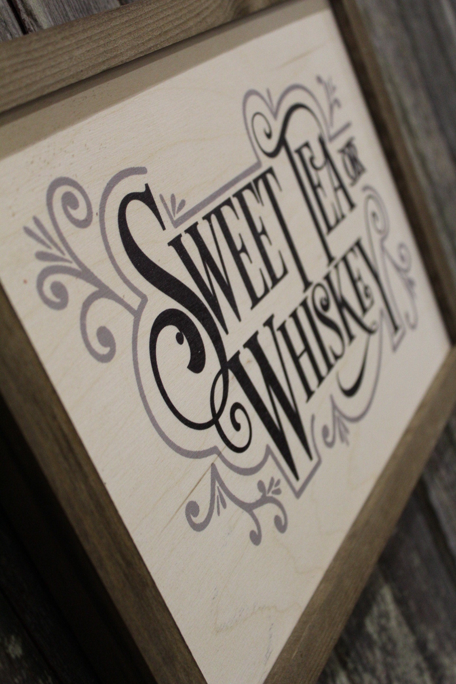 Sweet Tea or Whiskey Wood Sign Farmhouse Wall Decor Picture Print Primitive Rustic Barn Wood Script Text Kitchen Porch Sign Wood Frame