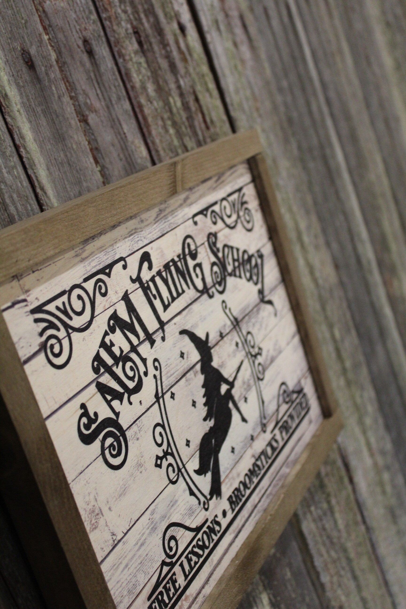 Salem Flying School Wood Sign Halloween Shiplap Rustic Primitive Fall Wall Art Picture Witch Text Script Black Training Broomsticks Lessons