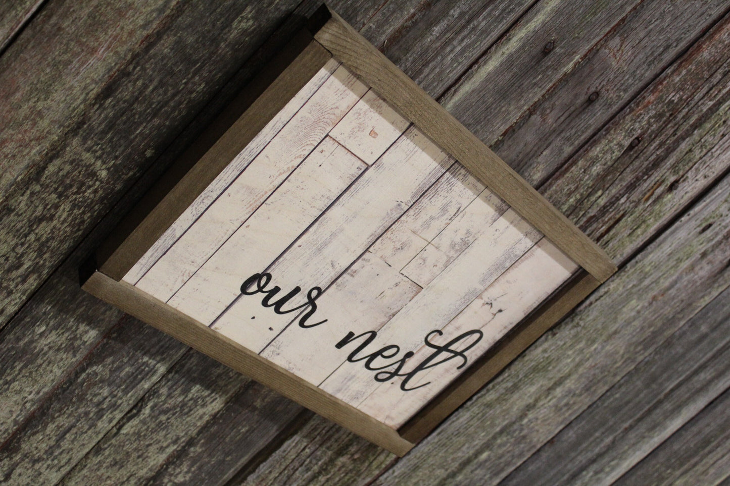 Our Nest Pallet Wood Sign Print Farmhouse Decoration Text House Warming Home Owners Gift Barn Wood Frame Wall Art White Shiplap Script