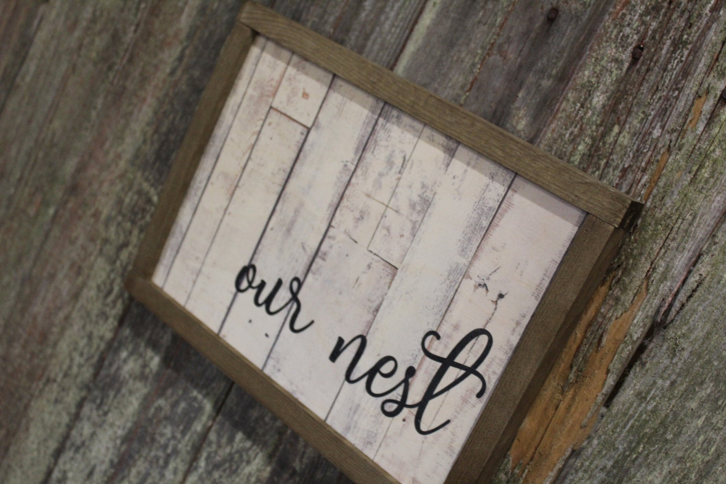 Our Nest Pallet Wood Sign Print Farmhouse Decoration Text House Warming Home Owners Gift Barn Wood Frame Wall Art White Shiplap Script