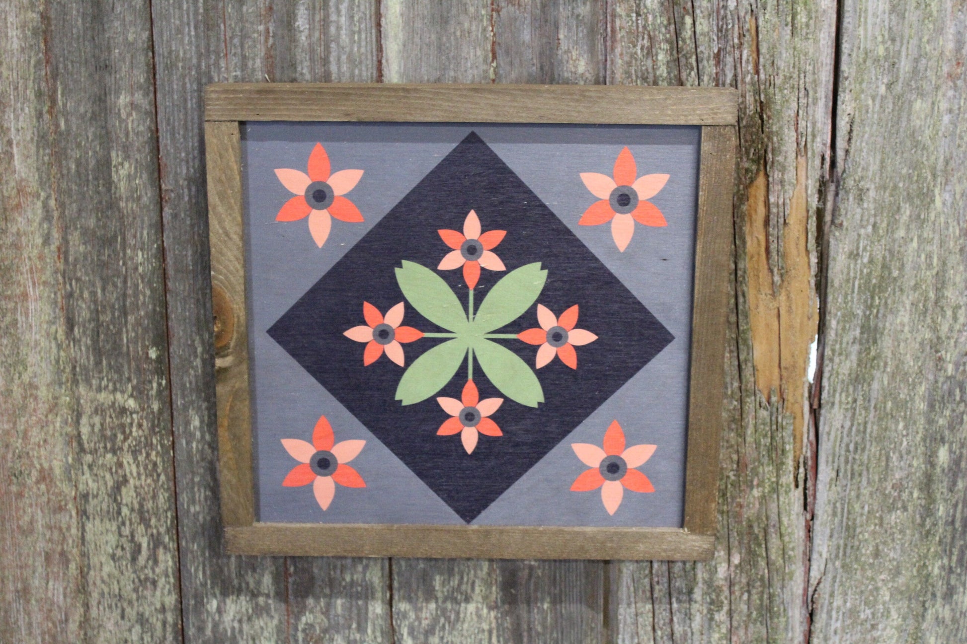 Flower Barn Quilt Wood Floral Bloom Diamond Sign Pastel Country Brown Framed Square Pattern Block Print Wall Art Farmhouse Primitive Rustic