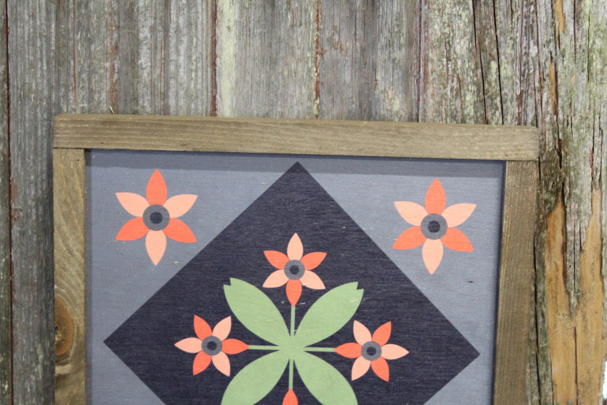 Flower Barn Quilt Wood Floral Bloom Diamond Sign Pastel Country Brown Framed Square Pattern Block Print Wall Art Farmhouse Primitive Rustic