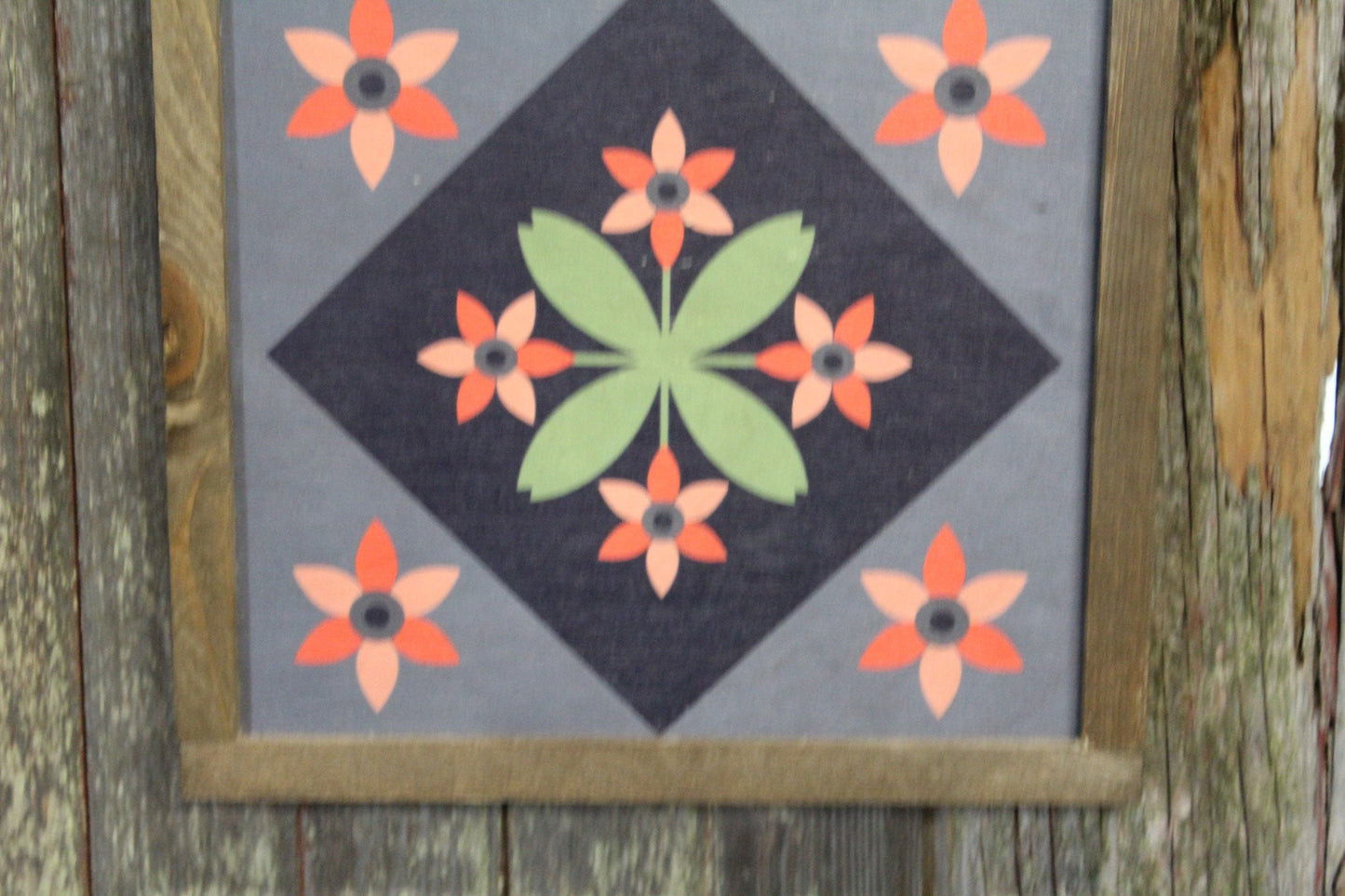Flower Barn Quilt Wood Floral Bloom Diamond Sign Pastel Country Brown Framed Square Pattern Block Print Wall Art Farmhouse Primitive Rustic