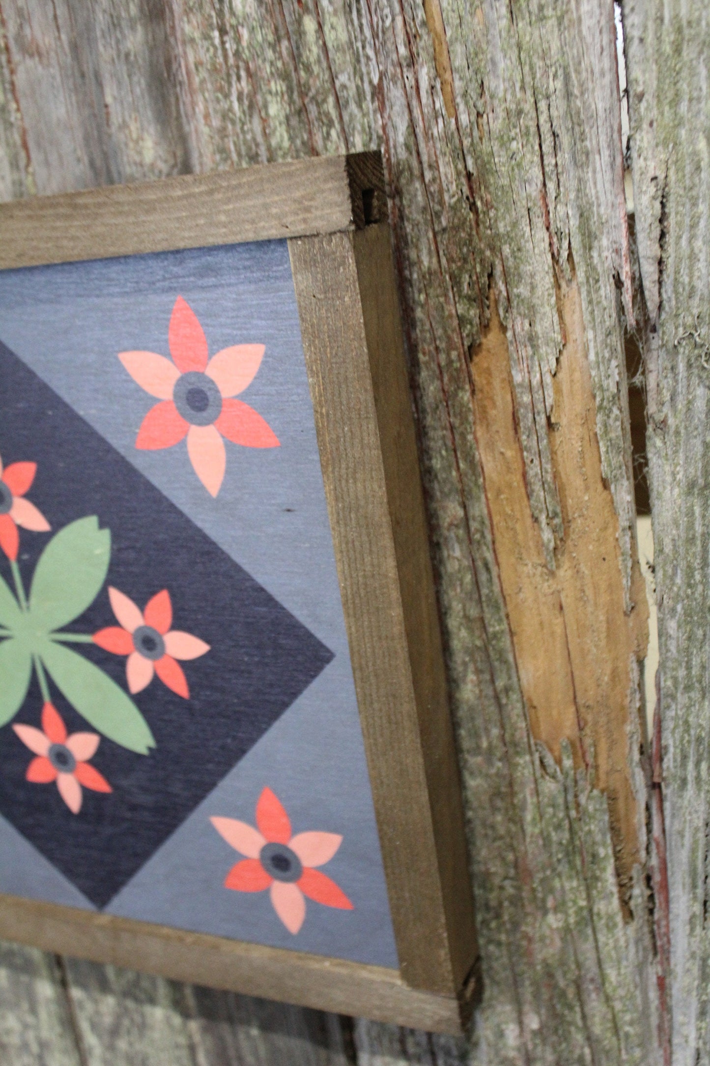 Flower Barn Quilt Wood Floral Bloom Diamond Sign Pastel Country Brown Framed Square Pattern Block Print Wall Art Farmhouse Primitive Rustic