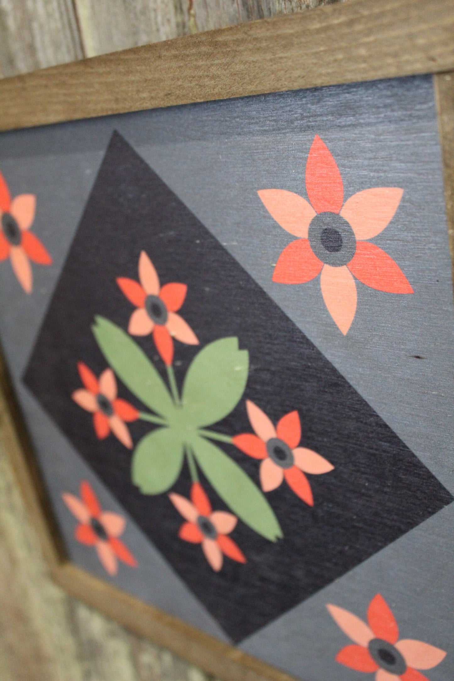 Flower Barn Quilt Wood Floral Bloom Diamond Sign Pastel Country Brown Framed Square Pattern Block Print Wall Art Farmhouse Primitive Rustic