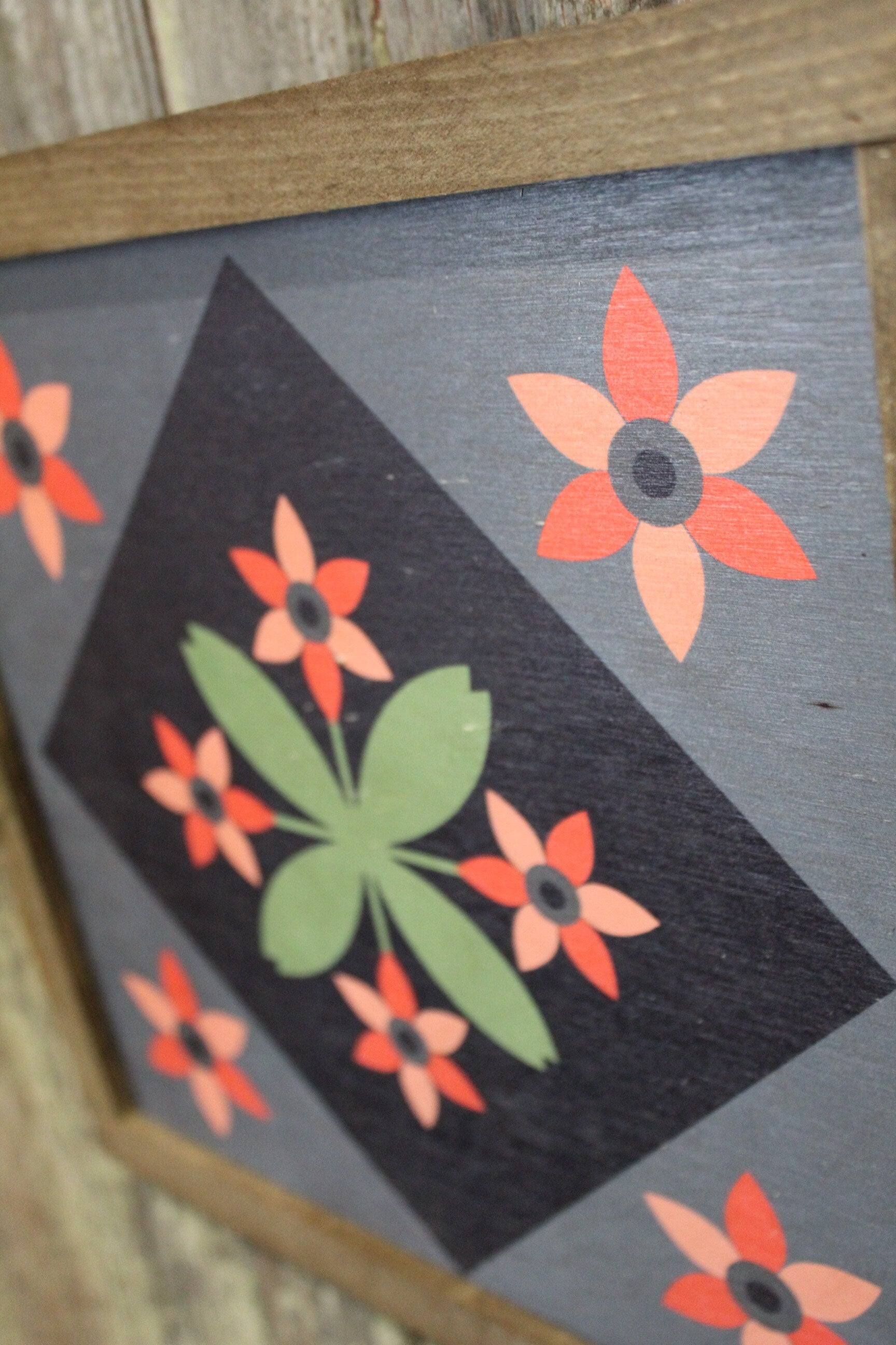 Flower Barn Quilt Wood Floral Bloom Diamond Sign Pastel Country Brown Framed Square Pattern Block Print Wall Art Farmhouse Primitive Rustic