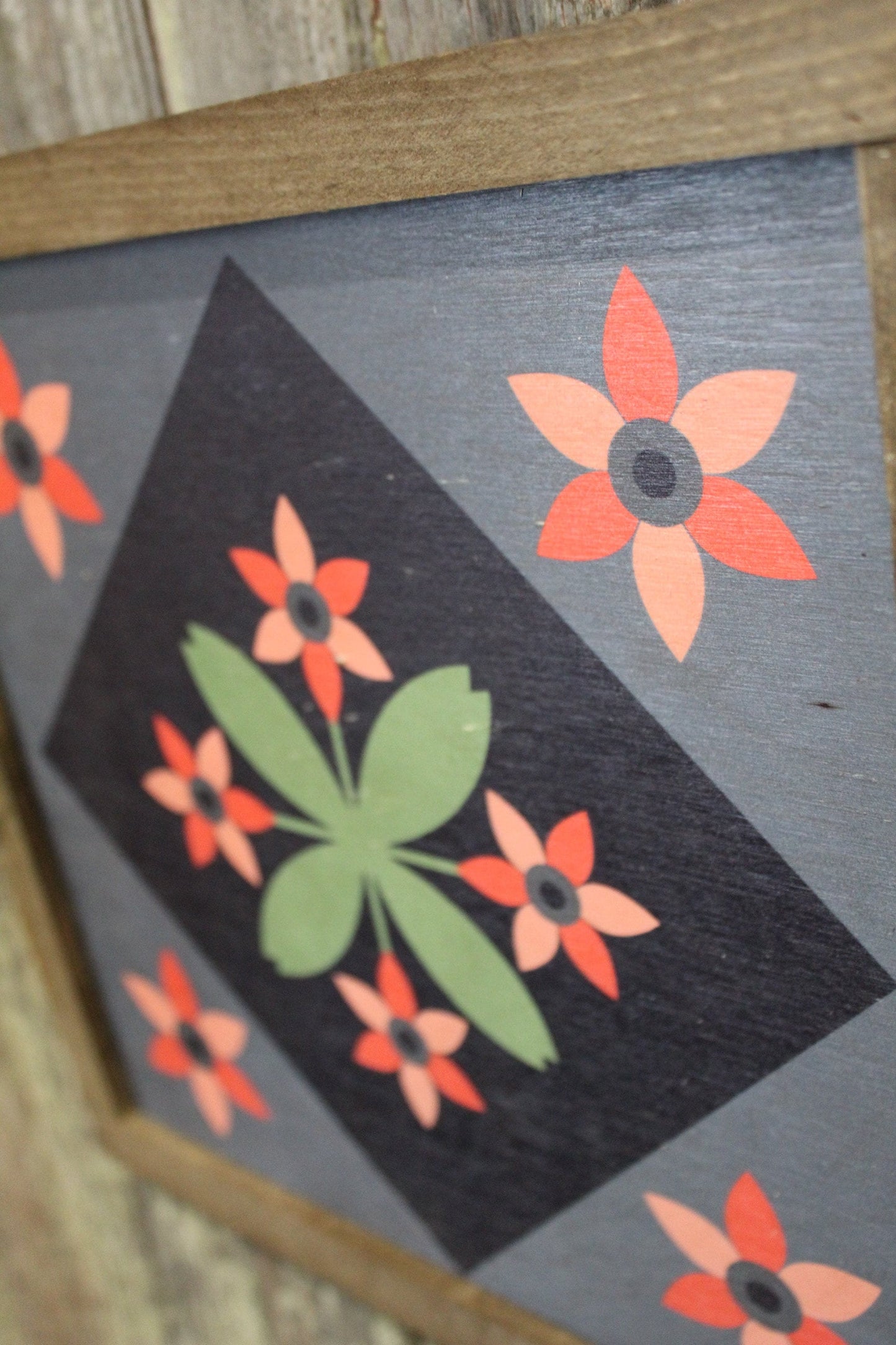 Flower Barn Quilt Wood Floral Bloom Diamond Sign Pastel Country Brown Framed Square Pattern Block Print Wall Art Farmhouse Primitive Rustic