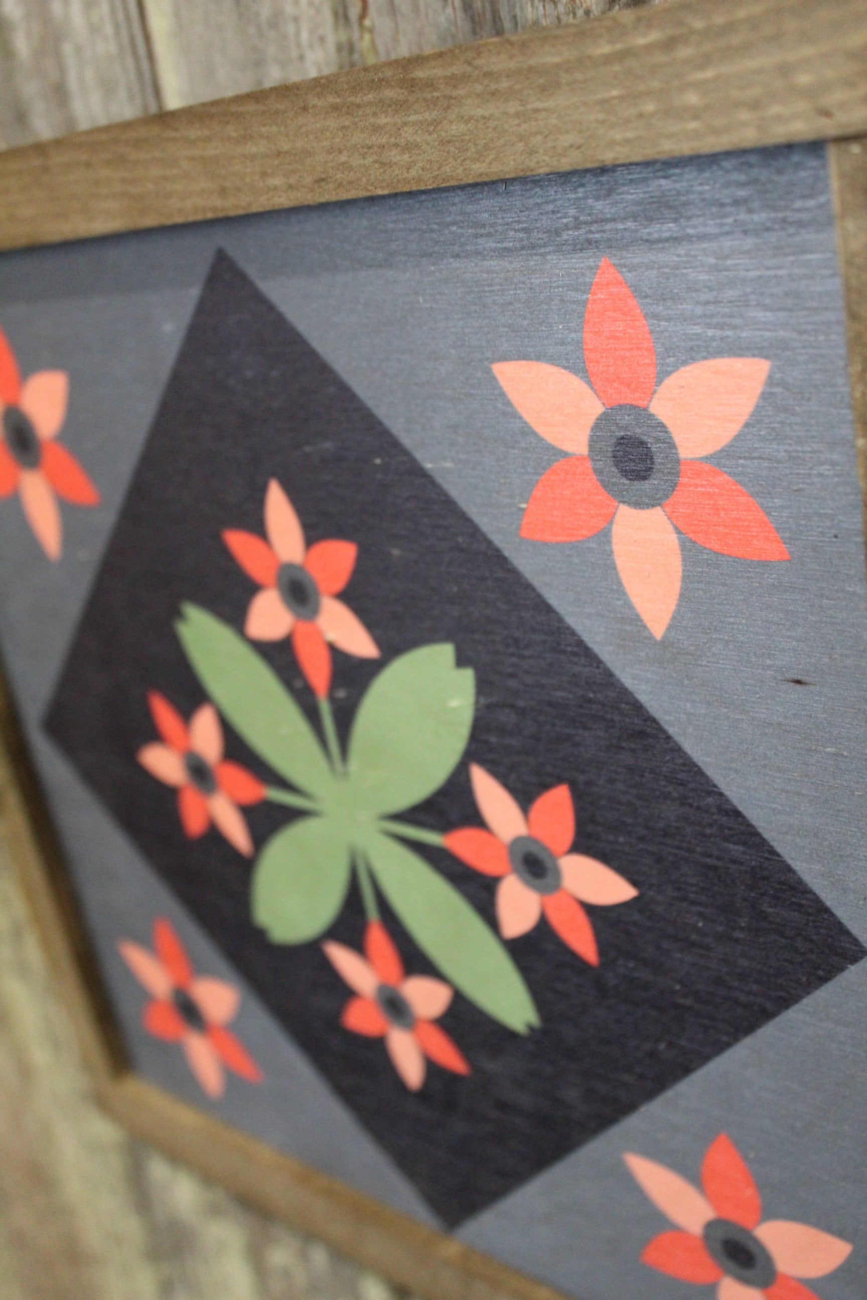 Flower Barn Quilt Wood Floral Bloom Diamond Sign Pastel Country Brown Framed Square Pattern Block Print Wall Art Farmhouse Primitive Rustic