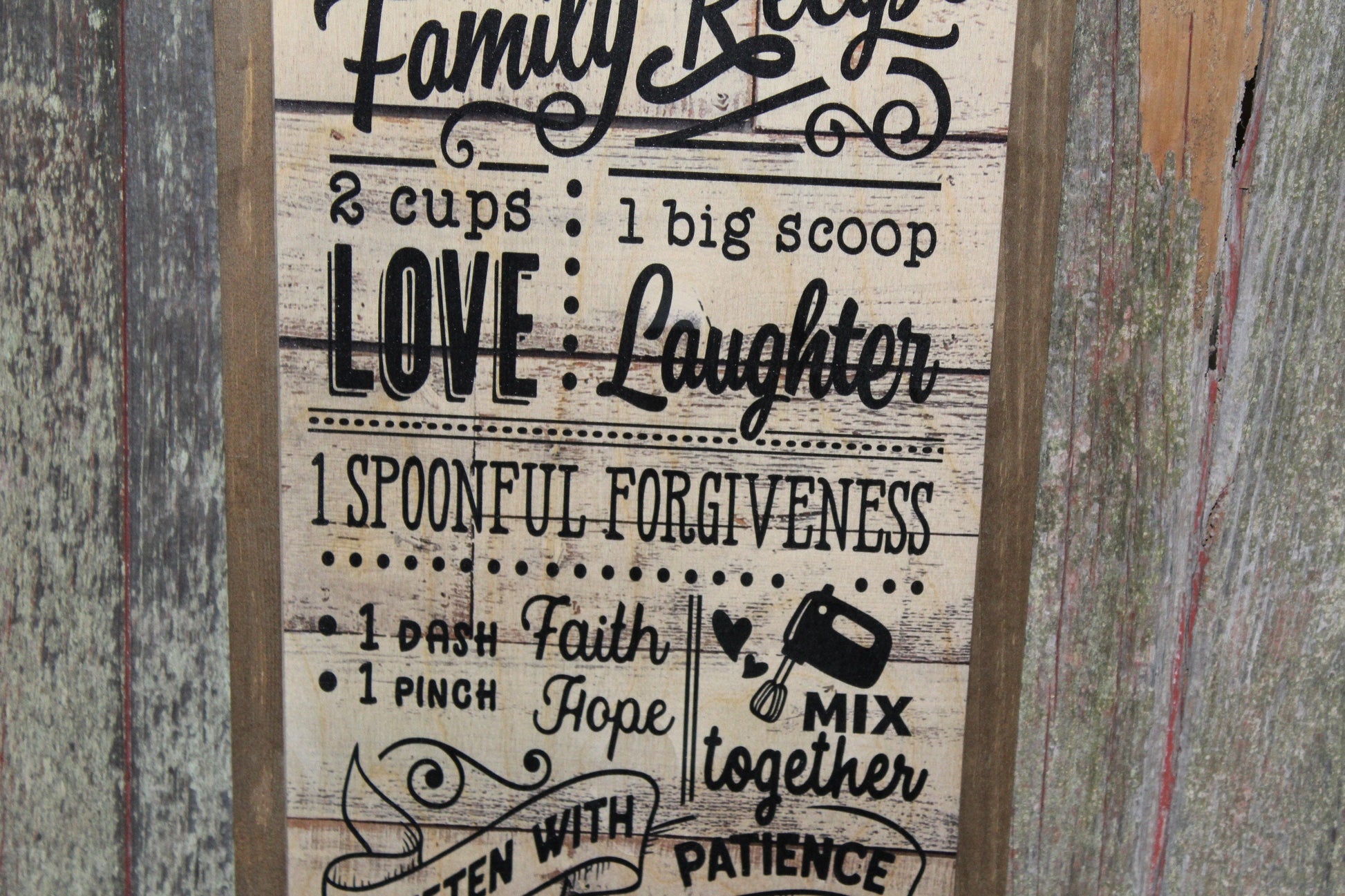Our Family Rules Wood Sign Shiplap Wall Art Farmhouse Primitive Rustic Text Large Love Laughter Measuring Patience Kindness Recipe Text