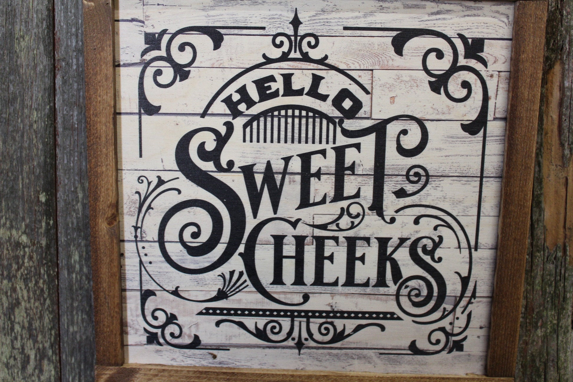 Hello Sweet Cheeks Bathroom Wood Sign Décor Print Wall Art Decoration Wall Hanging Farmhouse Rustic Shiplap Funny Humor Retro Scroll