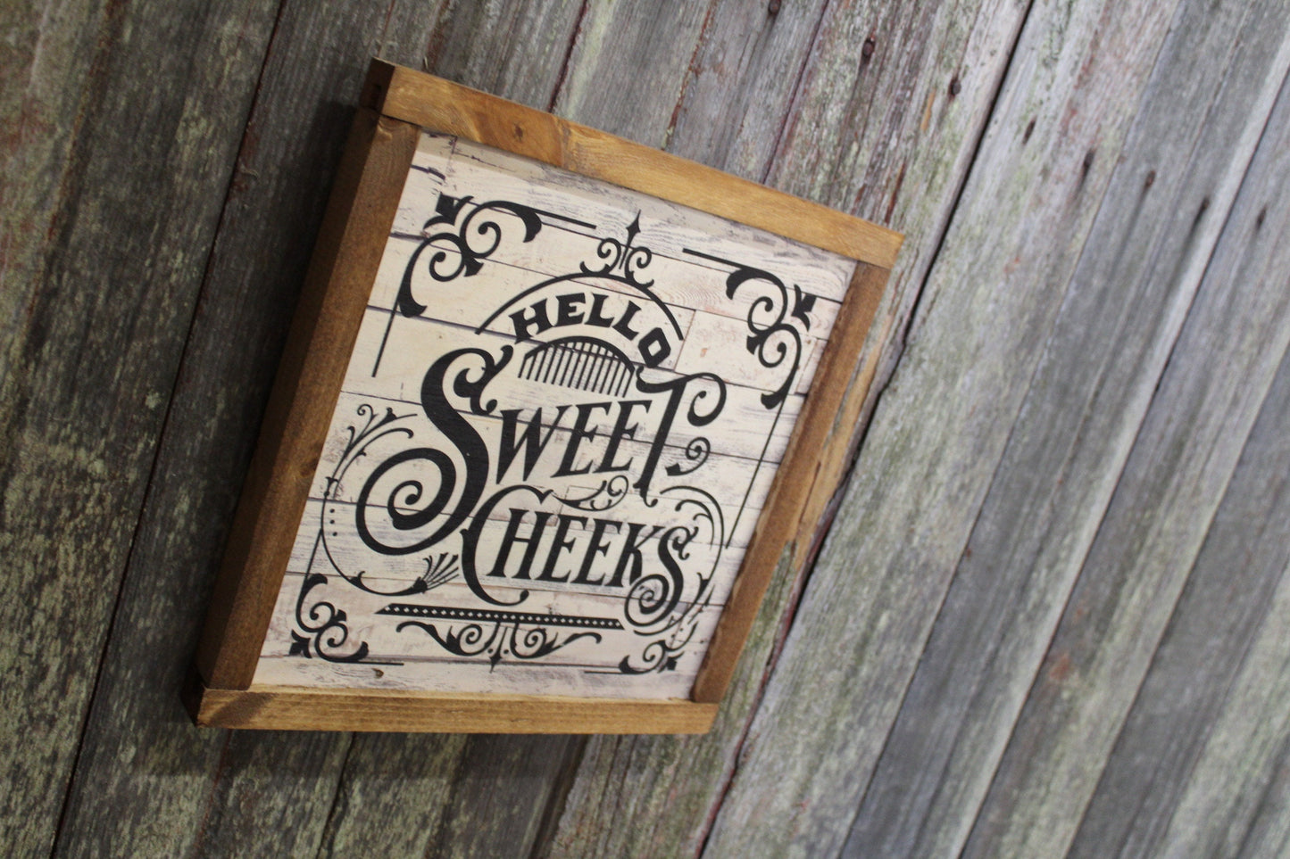 Hello Sweet Cheeks Bathroom Wood Sign Décor Print Wall Art Decoration Wall Hanging Farmhouse Rustic Shiplap Funny Humor Retro Scroll