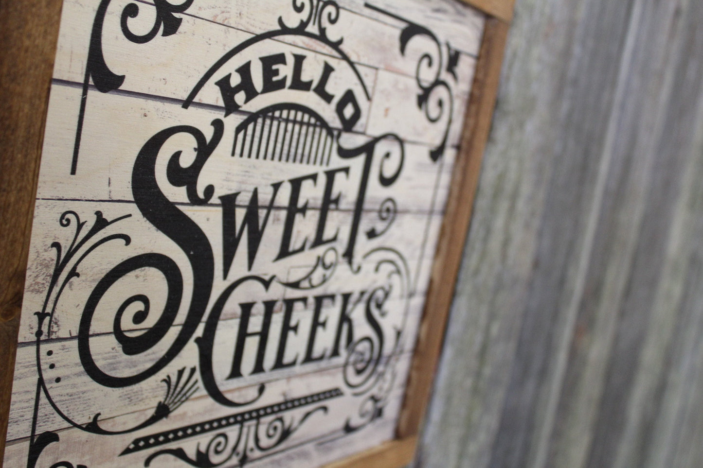 Hello Sweet Cheeks Bathroom Wood Sign Décor Print Wall Art Decoration Wall Hanging Farmhouse Rustic Shiplap Funny Humor Retro Scroll