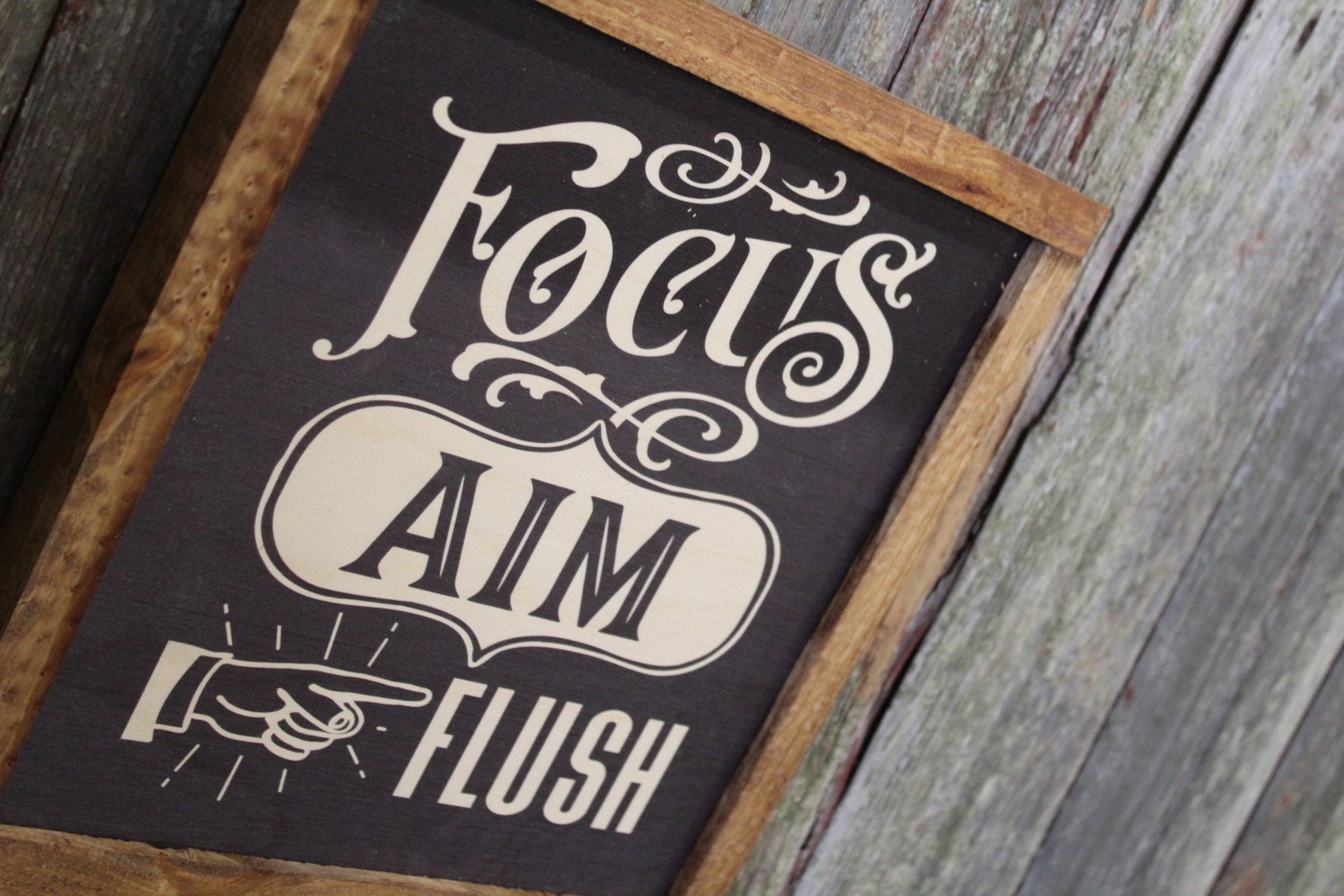 Focus Aim Flush Bathroom Wood Sign Half Bath Wall Art Wall Hanging Farmhouse Rustic Shiplap Funny Humor Retro Scroll Clean Bathroom Wash