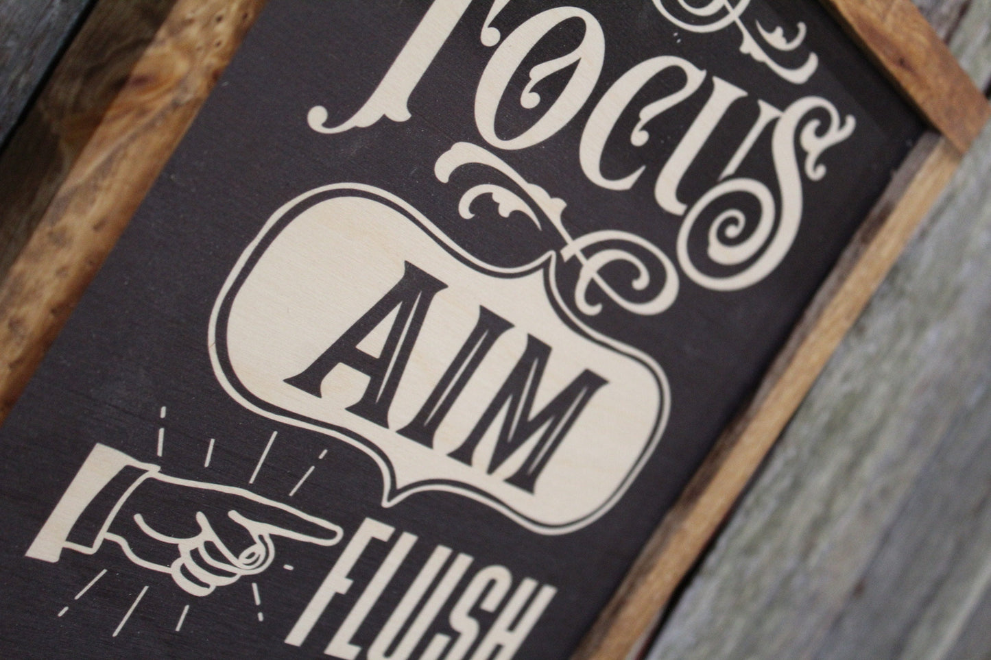 Focus Aim Flush Bathroom Wood Sign Half Bath Wall Art Wall Hanging Farmhouse Rustic Shiplap Funny Humor Retro Scroll Clean Bathroom Wash
