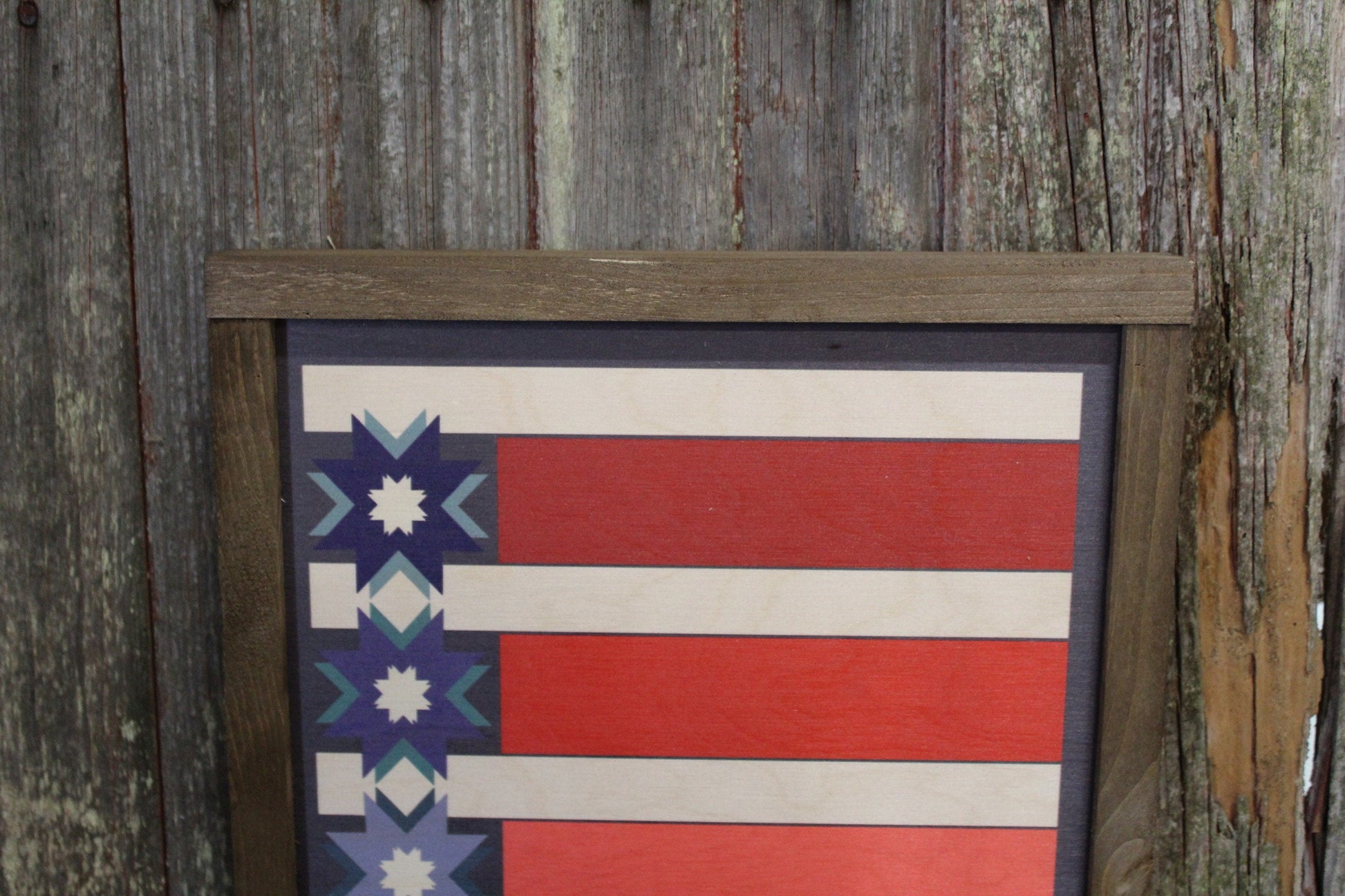 Patriotic Barn Quilt Wood Sign Red White Blue Stripe Stars Country Brown Framed Print Wall Art Farmhouse Primitive Rustic