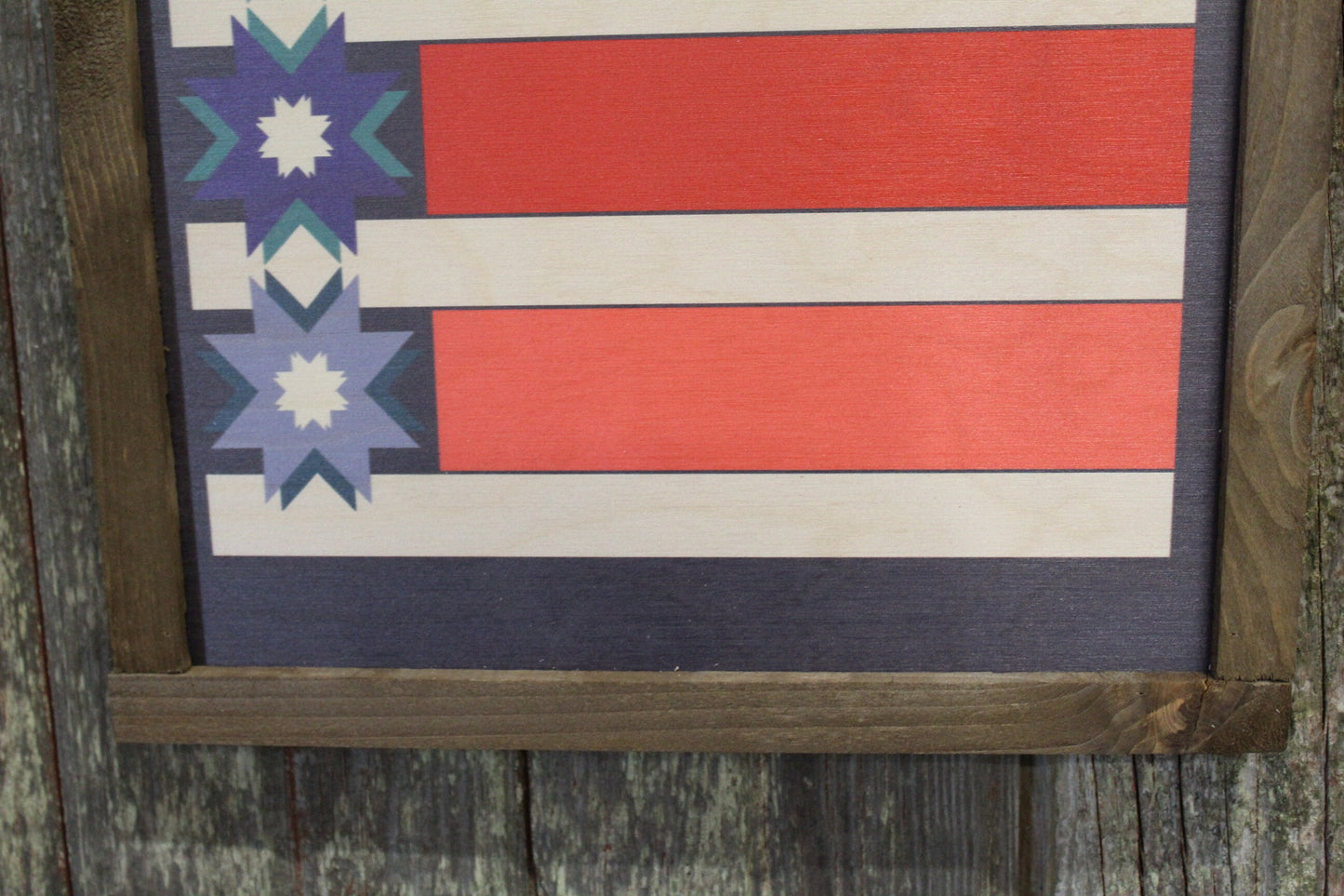 Patriotic Barn Quilt Wood Sign Red White Blue Stripe Stars Country Brown Framed Print Wall Art Farmhouse Primitive Rustic