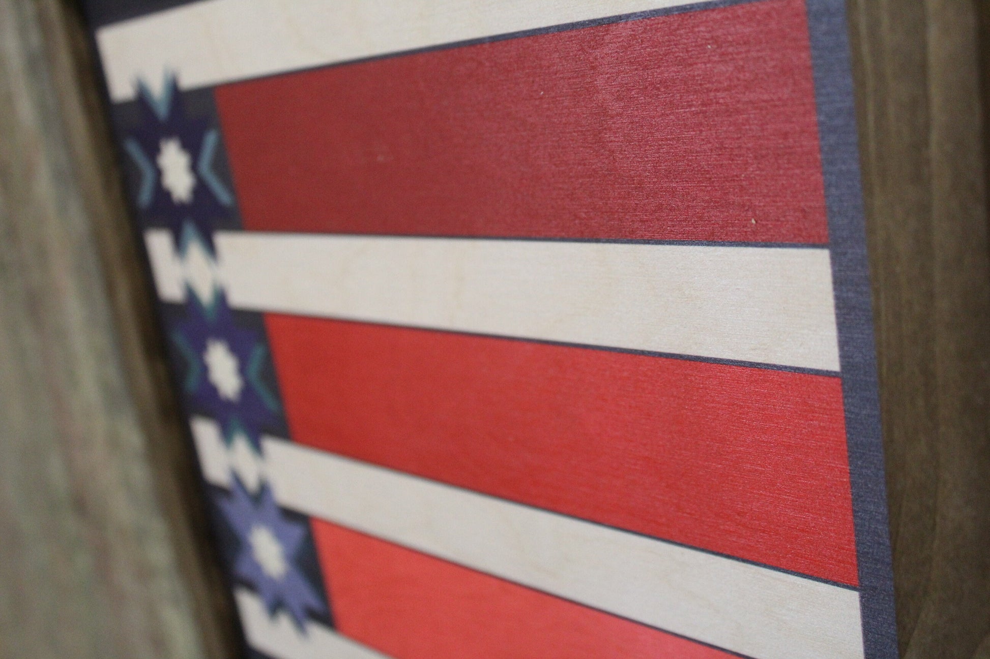 Patriotic Barn Quilt Wood Sign Red White Blue Stripe Stars Country Brown Framed Print Wall Art Farmhouse Primitive Rustic