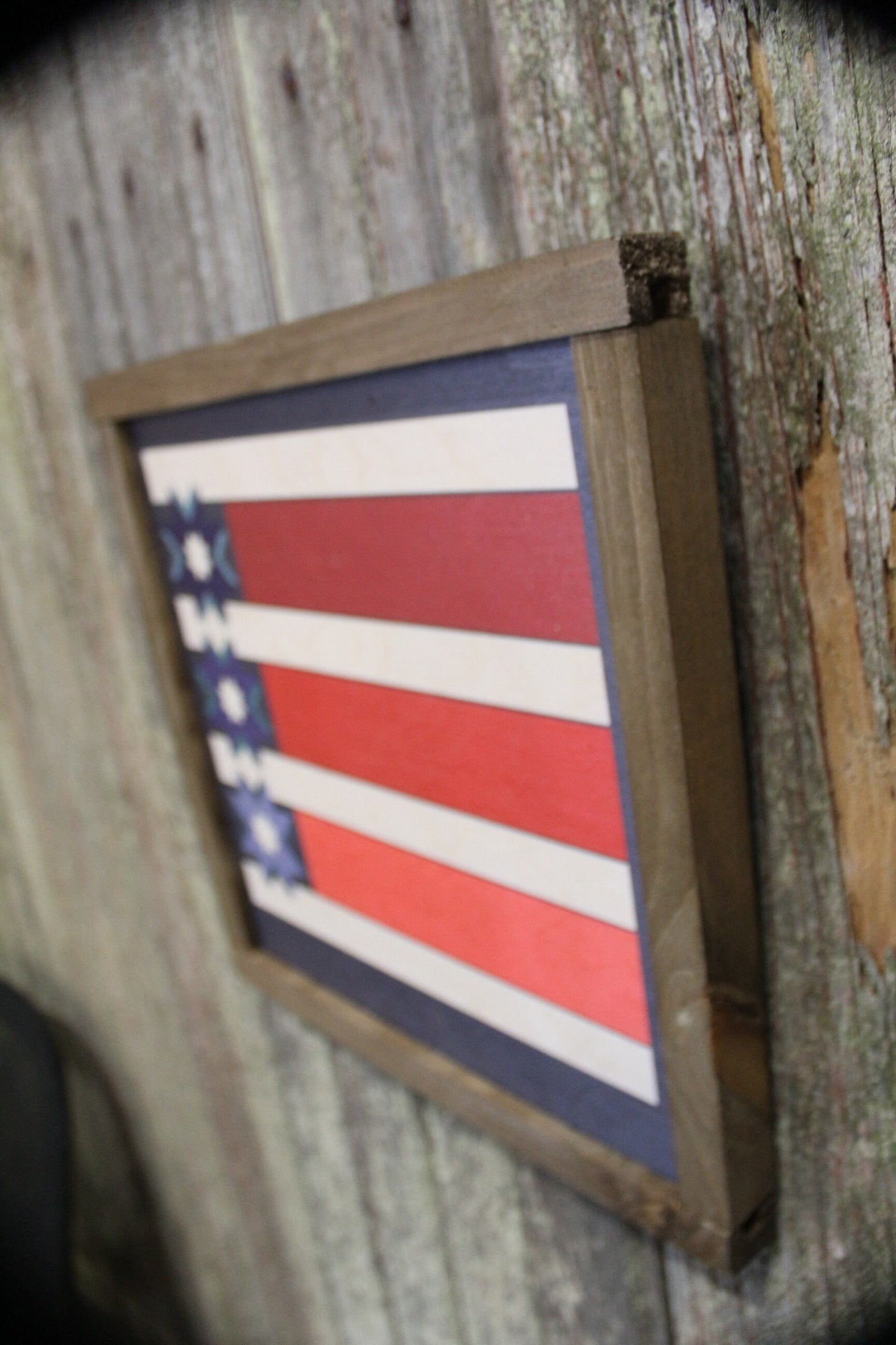 Patriotic Barn Quilt Wood Sign Red White Blue Stripe Stars Country Brown Framed Print Wall Art Farmhouse Primitive Rustic