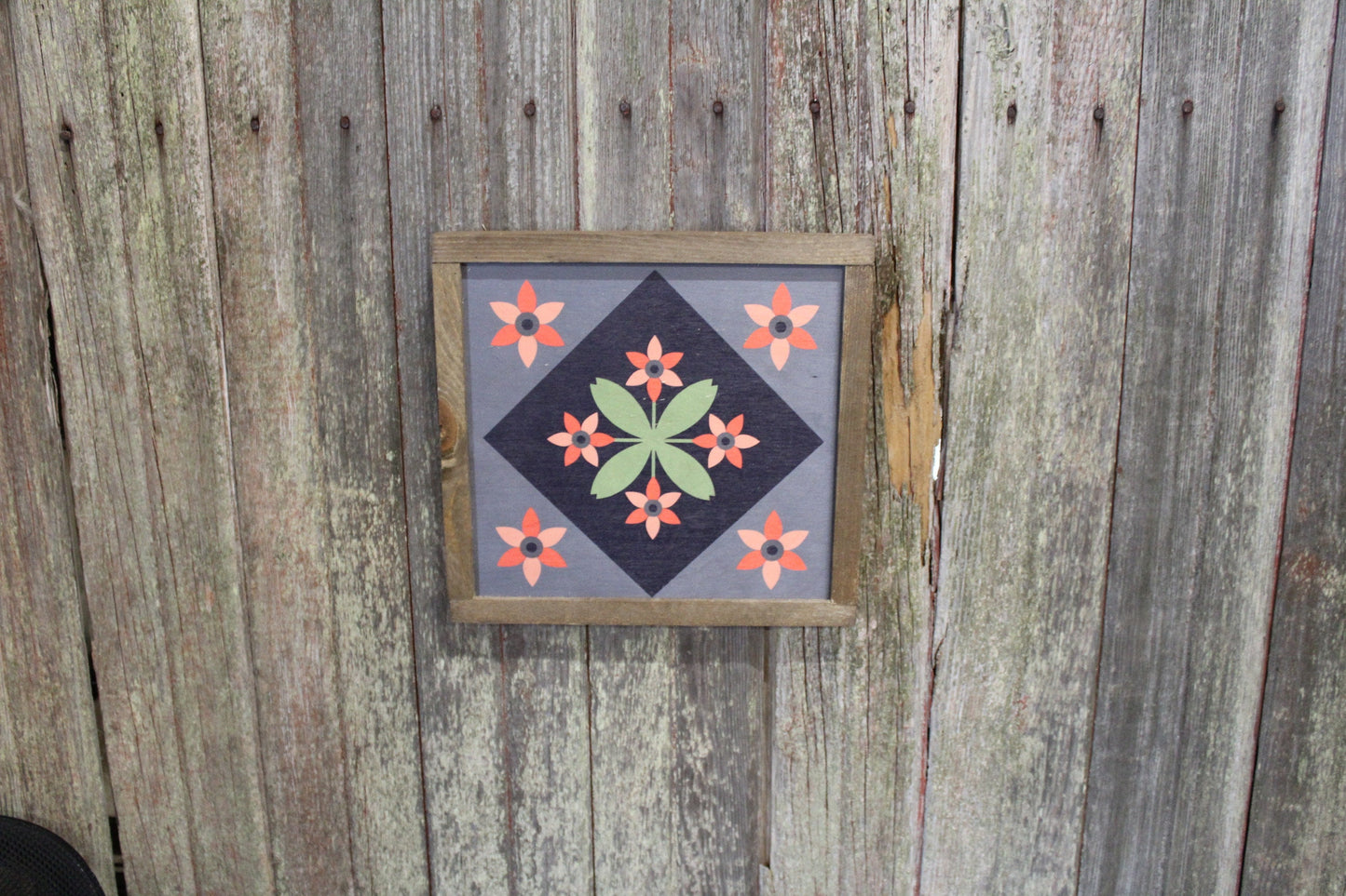 Flower Barn Quilt Wood Floral Bloom Diamond Sign Pastel Country Brown Framed Square Pattern Block Print Wall Art Farmhouse Primitive Rustic
