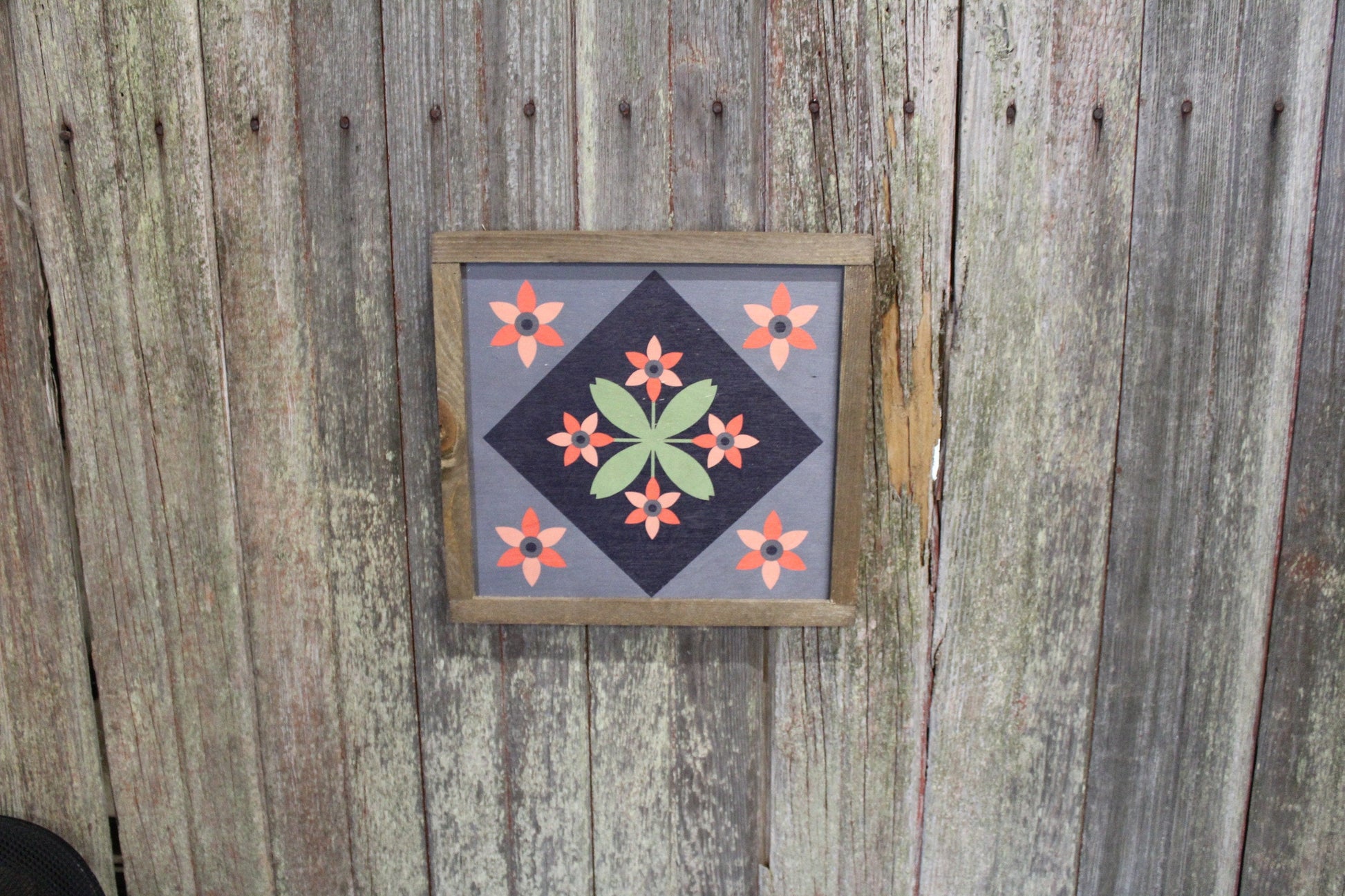 Flower Barn Quilt Wood Floral Bloom Diamond Sign Pastel Country Brown Framed Square Pattern Block Print Wall Art Farmhouse Primitive Rustic