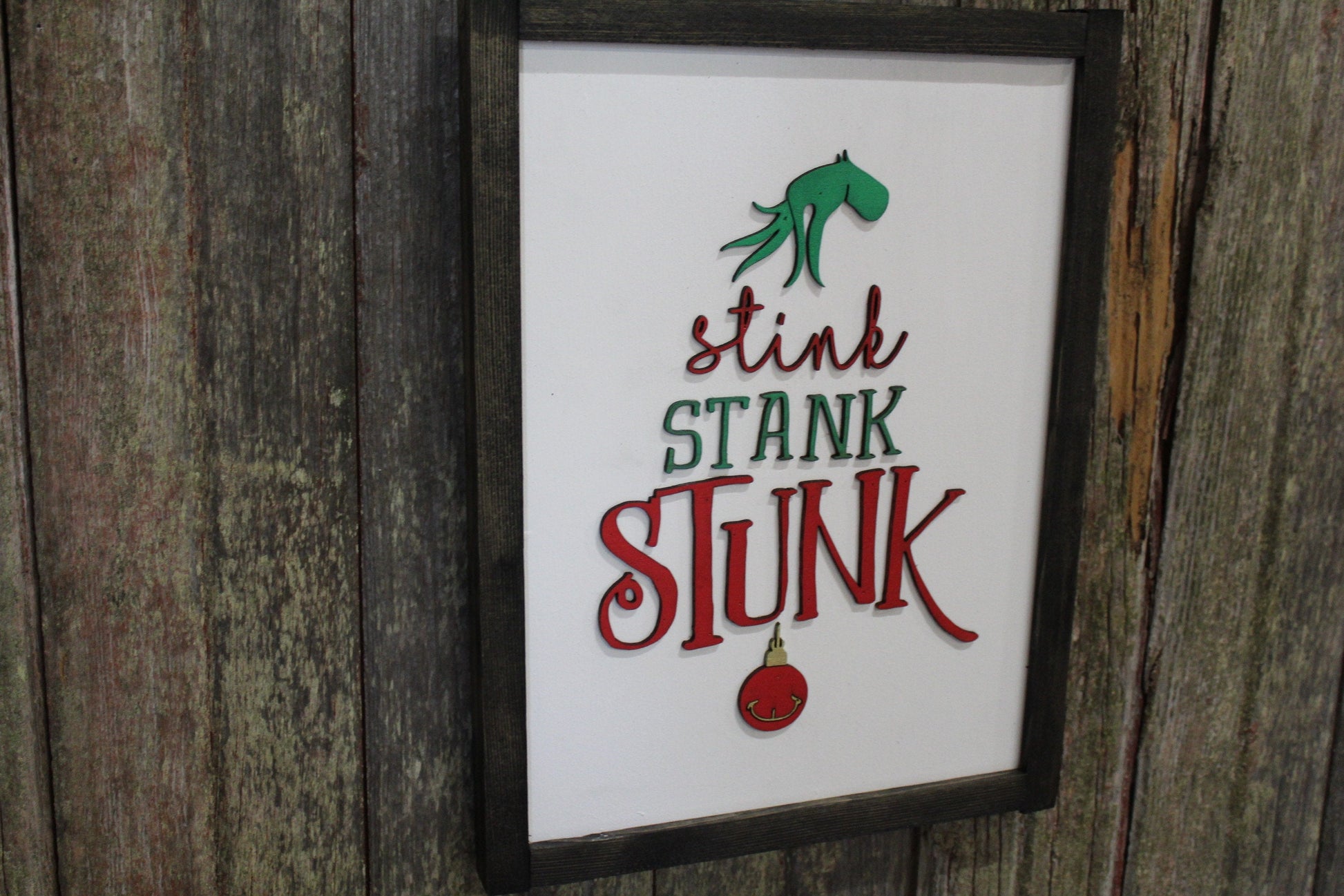 Stink Stank Stunk Sign Raised 3D Wood Mean One Christmas Décor Decoration Wall Art Farmhouse Rustic Primitive Fingers Smile Hand Festive