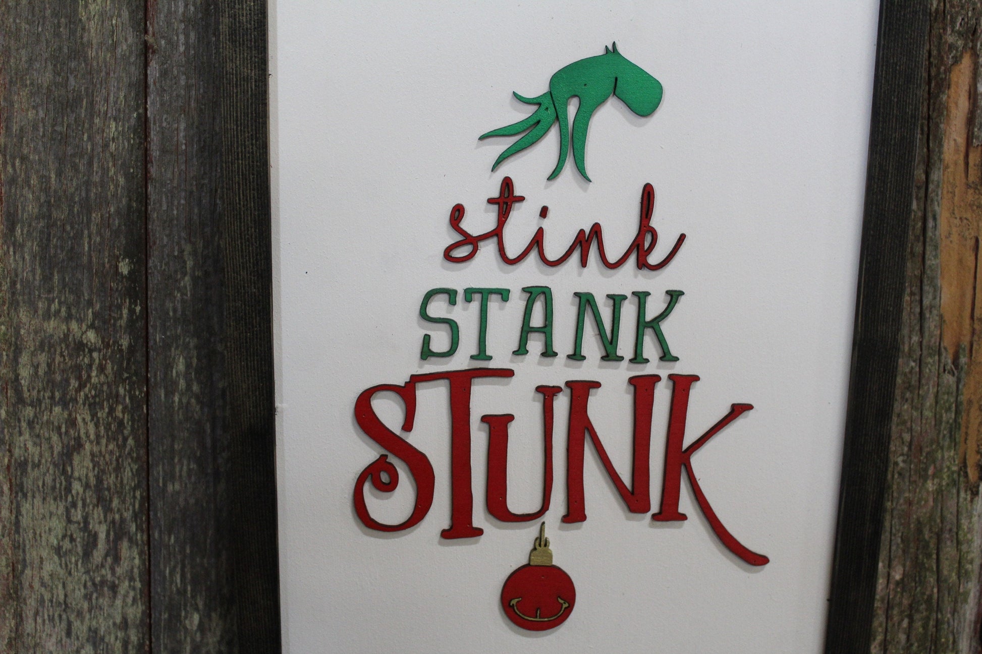 Stink Stank Stunk Sign Raised 3D Wood Mean One Christmas Décor Decoration Wall Art Farmhouse Rustic Primitive Fingers Smile Hand Festive