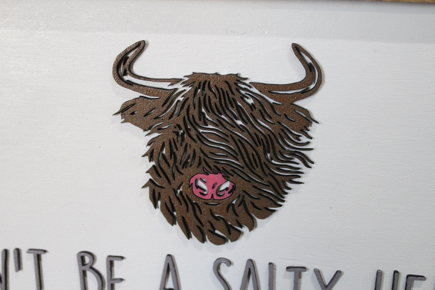 Don't be a Salty Heifer Cow Wood Sign Highland 3D Raised Text Image Long Hair Fuzzy Scottish Cow Farmhouse Handmade Sign Rustic Primitive