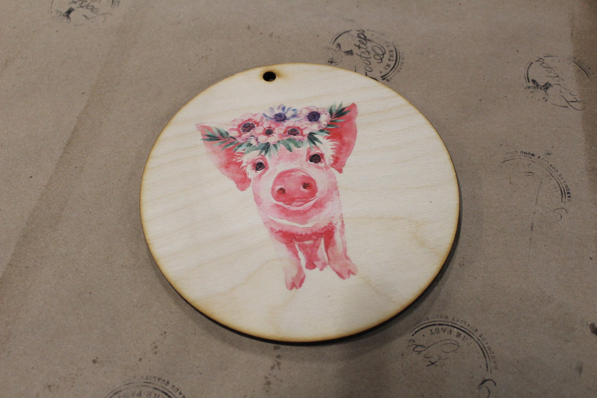 Pig Floral Wreath Crown Piglet Ornament Baby Flowers Face Ears Spots Wall Hanging Tree Rustic Farmhouse Wood