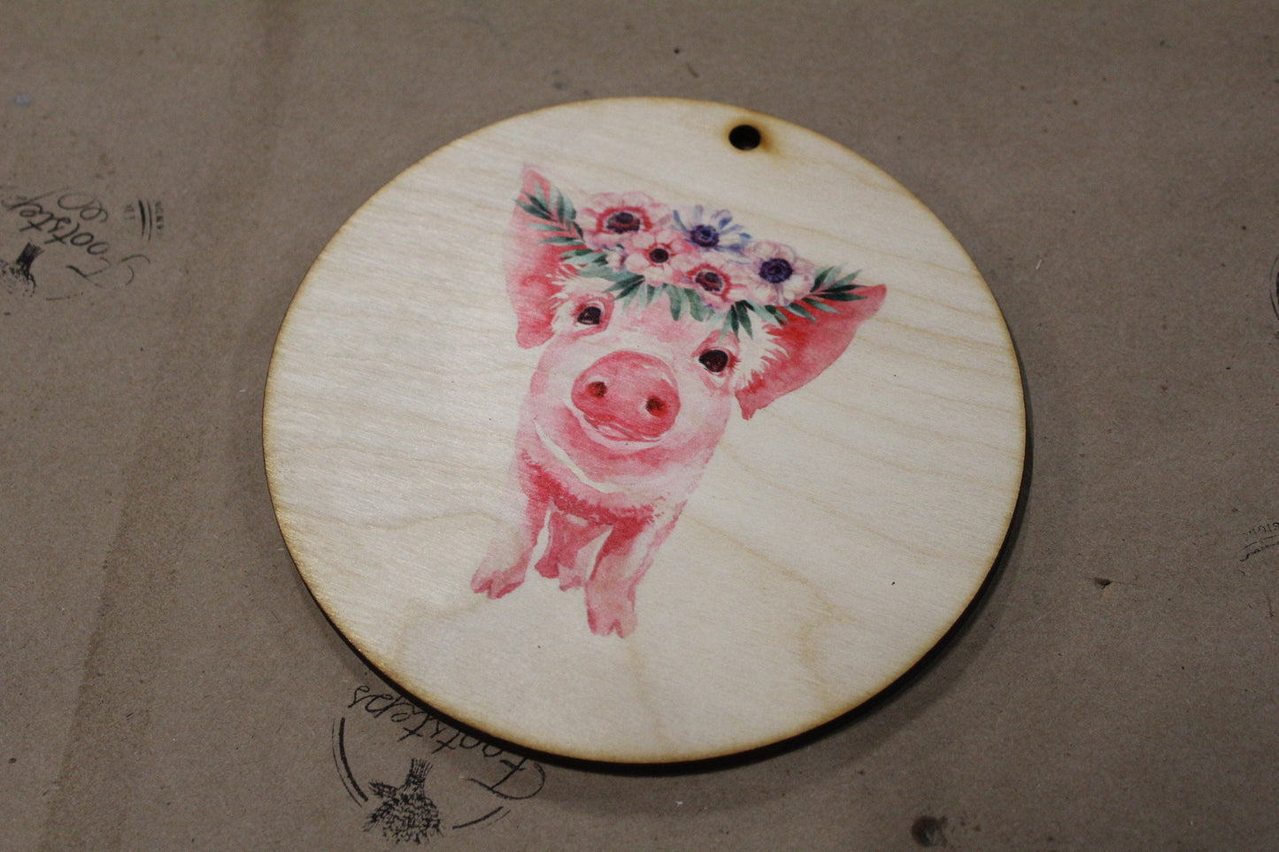 Pig Floral Wreath Crown Piglet Ornament Baby Flowers Face Ears Spots Wall Hanging Tree Rustic Farmhouse Wood