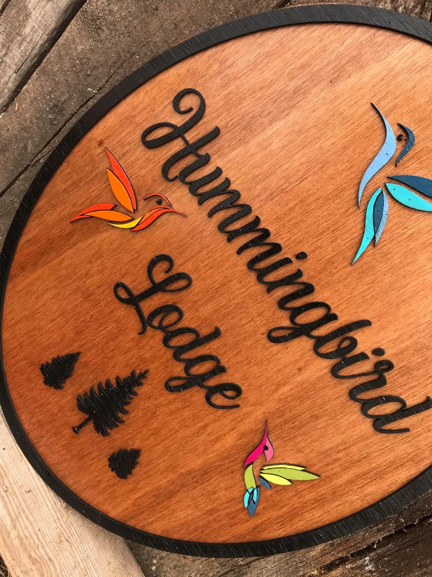 Custom Lodge Sign Hummingbird 3D Raised Bird Large Wood Cabin BNB Rental Colorful Rustic Business Sign Text Oval Indoor Outdoor