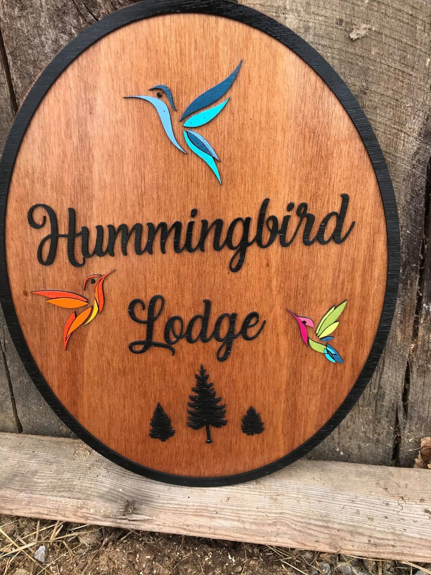 Custom Lodge Sign Hummingbird 3D Raised Bird Large Wood Cabin BNB Rental Colorful Rustic Business Sign Text Oval Indoor Outdoor