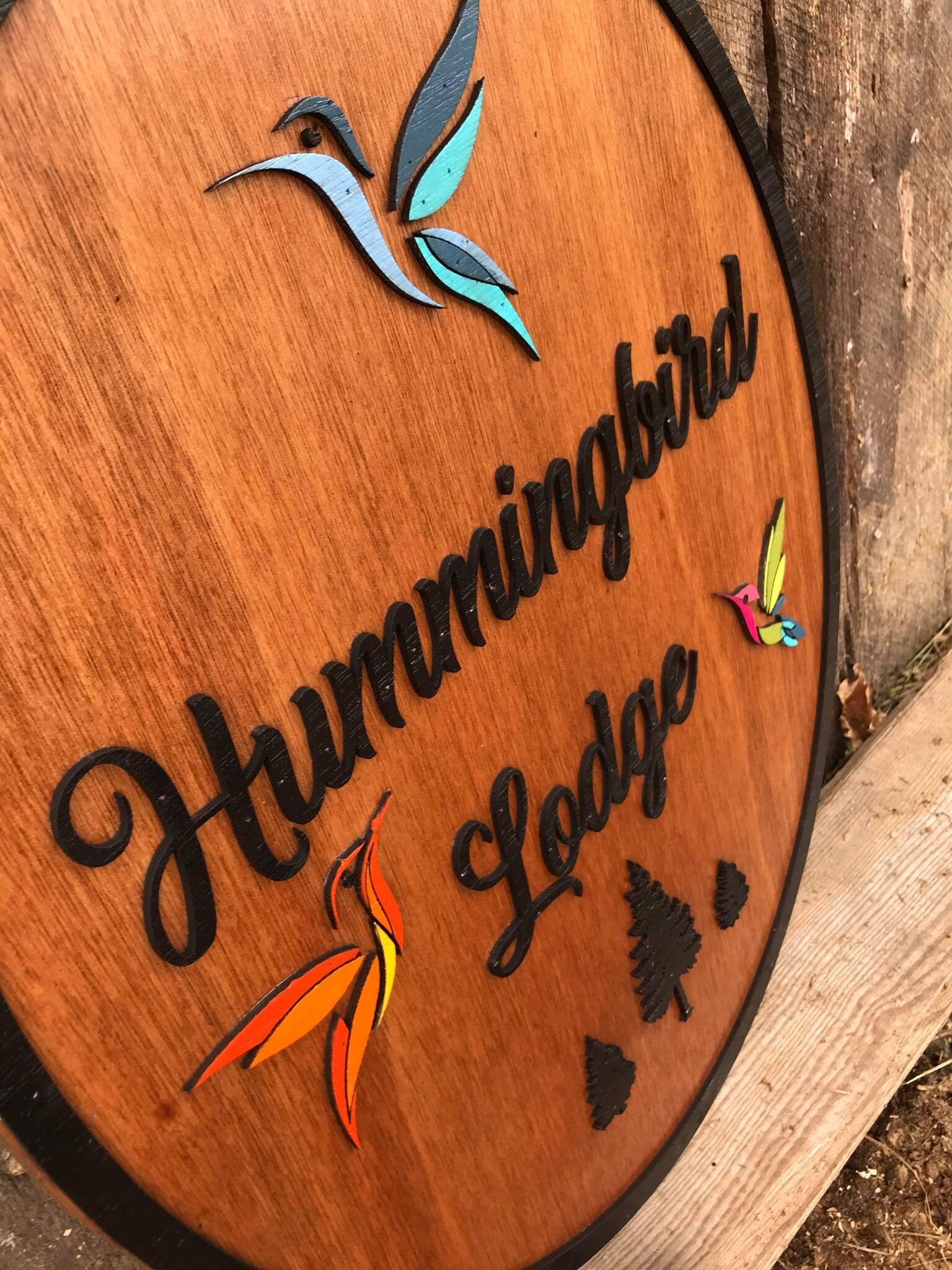 Custom Lodge Sign Hummingbird 3D Raised Bird Large Wood Cabin BNB Rental Colorful Rustic Business Sign Text Oval Indoor Outdoor