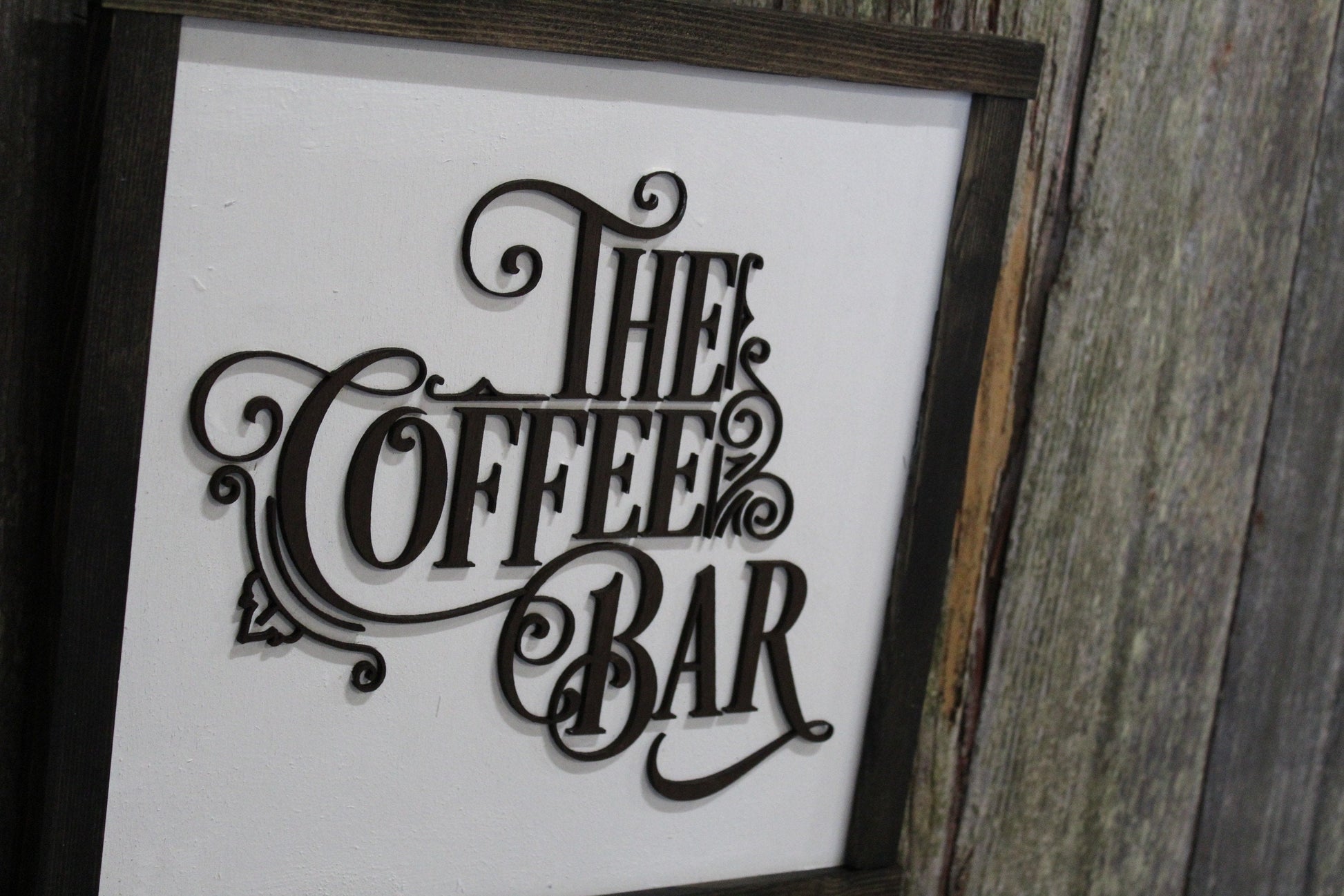 The Coffee Bar Raised 3D Wood Black White Scroll Text Décor Decoration Wall Art Farmhouse Rustic Handmade Accessories Kitchen