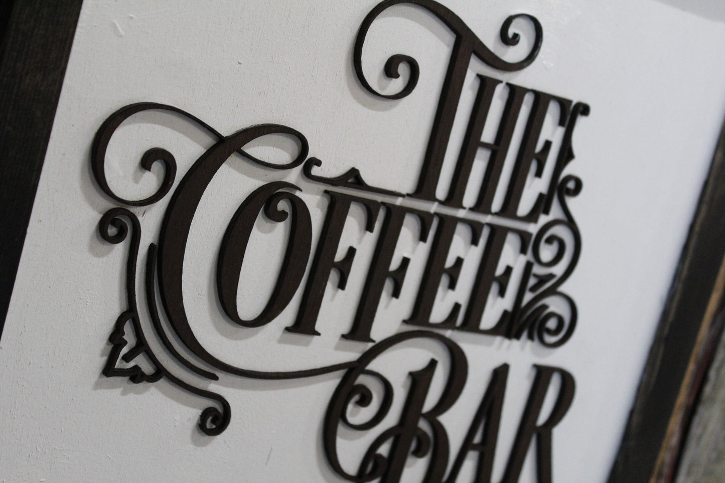 The Coffee Bar Raised 3D Wood Black White Scroll Text Décor Decoration Wall Art Farmhouse Rustic Handmade Accessories Kitchen