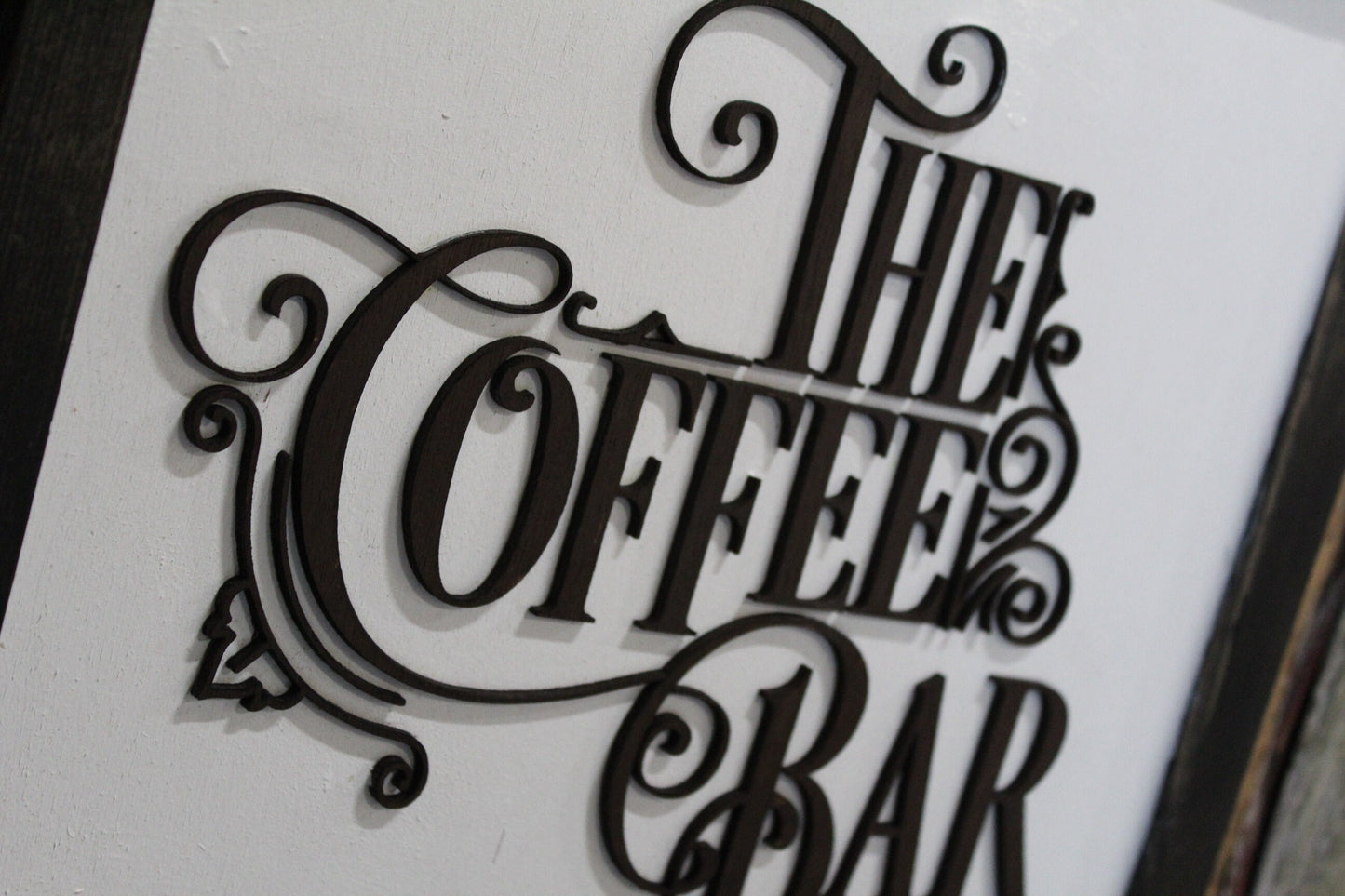 The Coffee Bar Raised 3D Wood Black White Scroll Text Décor Decoration Wall Art Farmhouse Rustic Handmade Accessories Kitchen