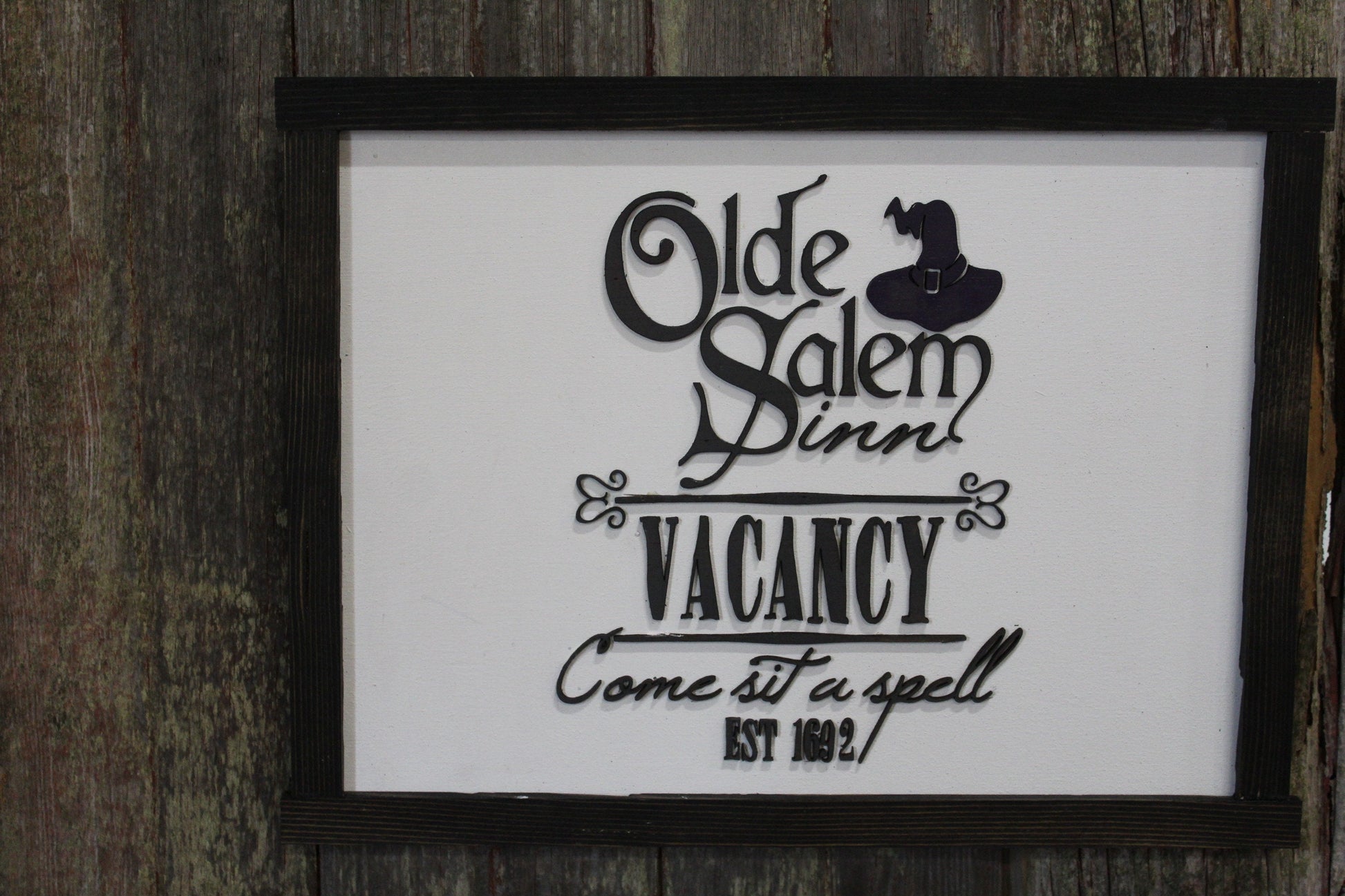 Old Salem Inn Halloween Sign Raised 3D Wood Black Vacancy Come Sit A Spell Witch Décor Decoration Wall Art Farmhouse Rustic Primitive