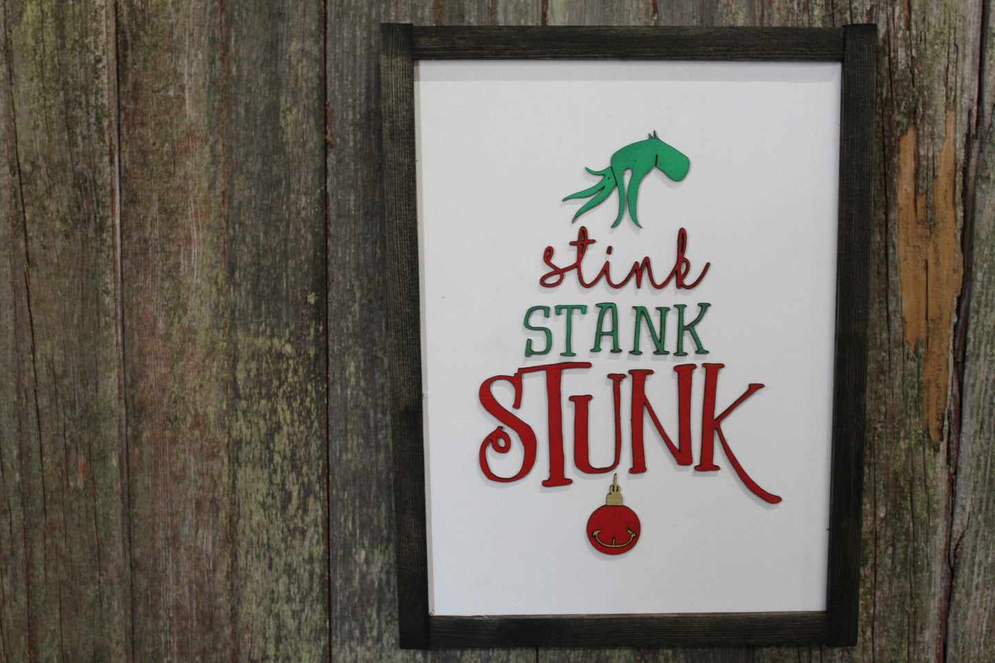 Stink Stank Stunk Sign Raised 3D Wood Mean One Christmas Décor Decoration Wall Art Farmhouse Rustic Primitive Fingers Smile Hand Festive