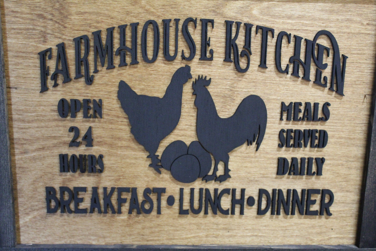 Farmhouse Menu Kitchen Wood Sign Chickens Open 24 Hours Meals Served Daily 3D Raised Text Framed Primitive Cabin Rustic Sign Chick Eggs