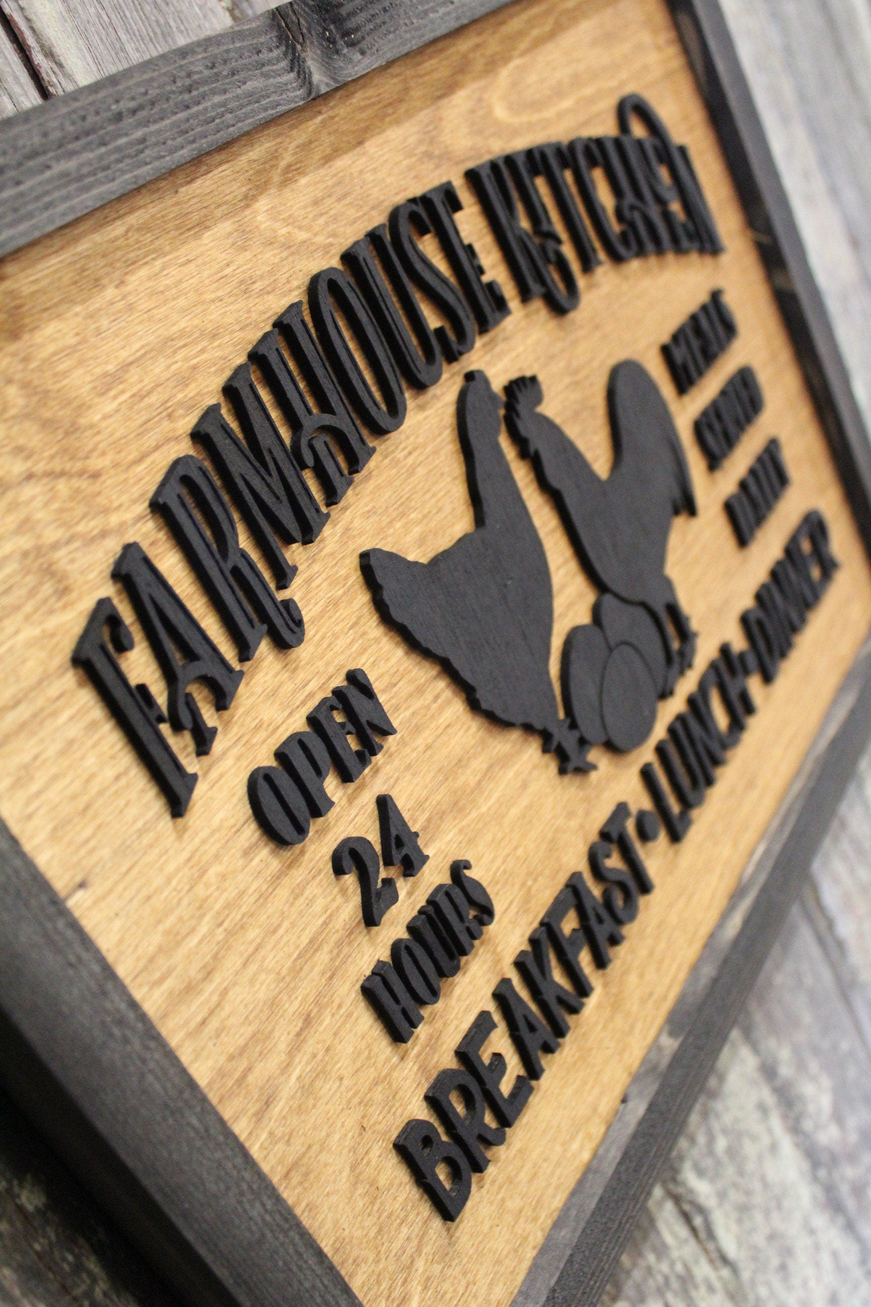 Farmhouse Menu Kitchen Wood Sign Chickens Open 24 Hours Meals Served Daily 3D Raised Text Framed Primitive Cabin Rustic Sign Chick Eggs