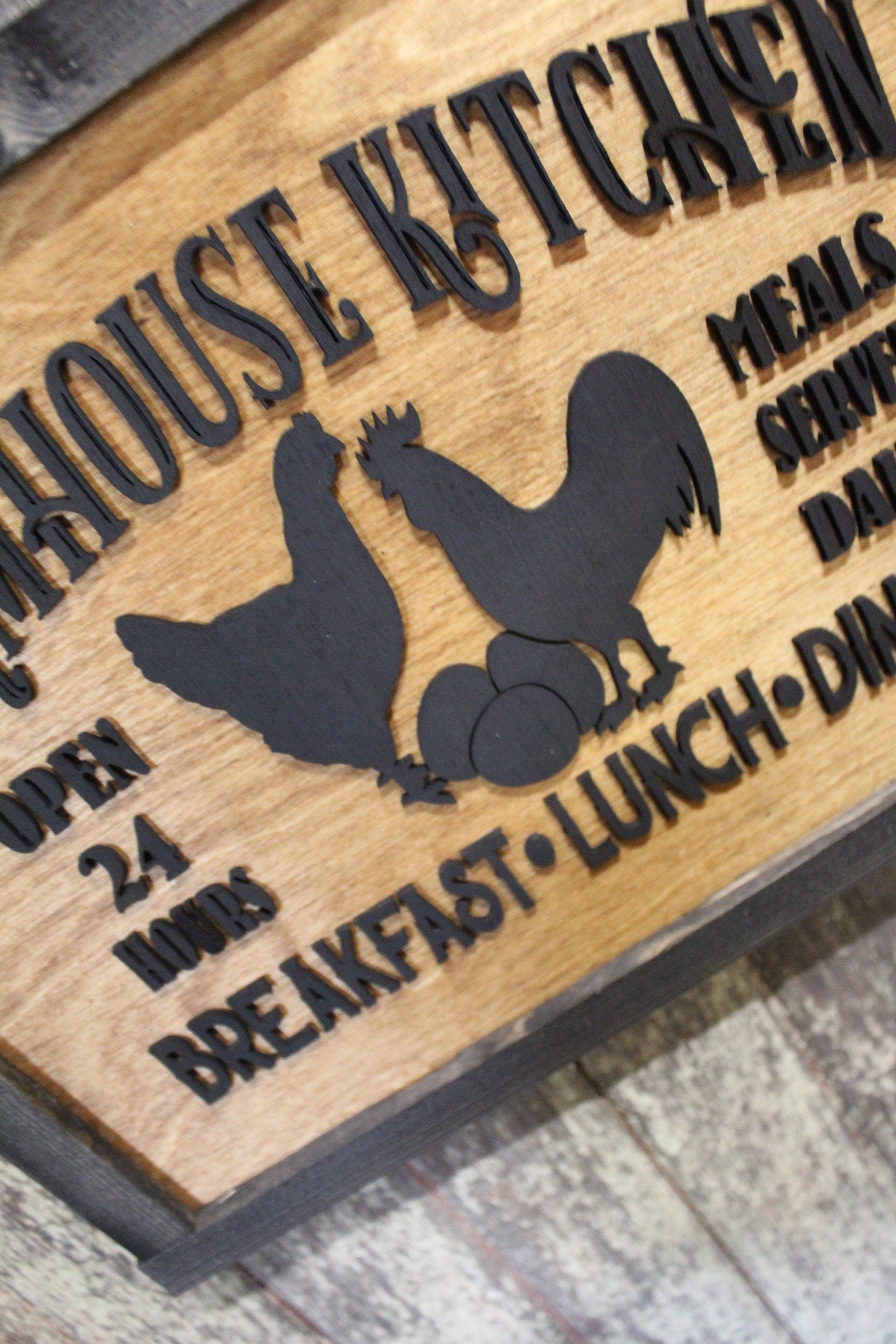 Farmhouse Menu Kitchen Wood Sign Chickens Open 24 Hours Meals Served Daily 3D Raised Text Framed Primitive Cabin Rustic Sign Chick Eggs