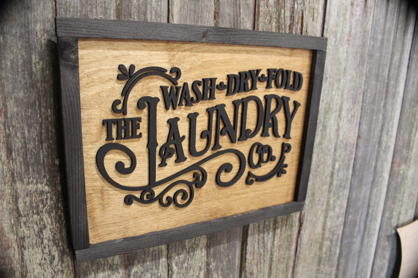 Laundry Room Filigree Scroll Work Hanging Wall Sign Wash Dry Fold 3D Raised Text Black Rustic Primitive Country Barn wood Laser Text Framed