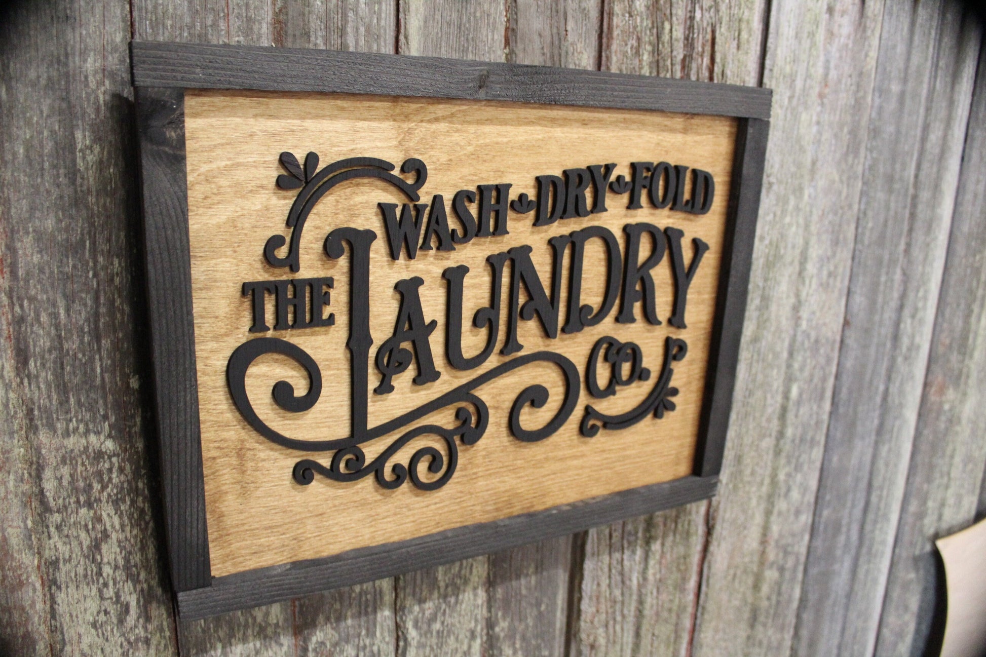 Laundry Room Filigree Scroll Work Hanging Wall Sign Wash Dry Fold 3D Raised Text Black Rustic Primitive Country Barn wood Laser Text Framed