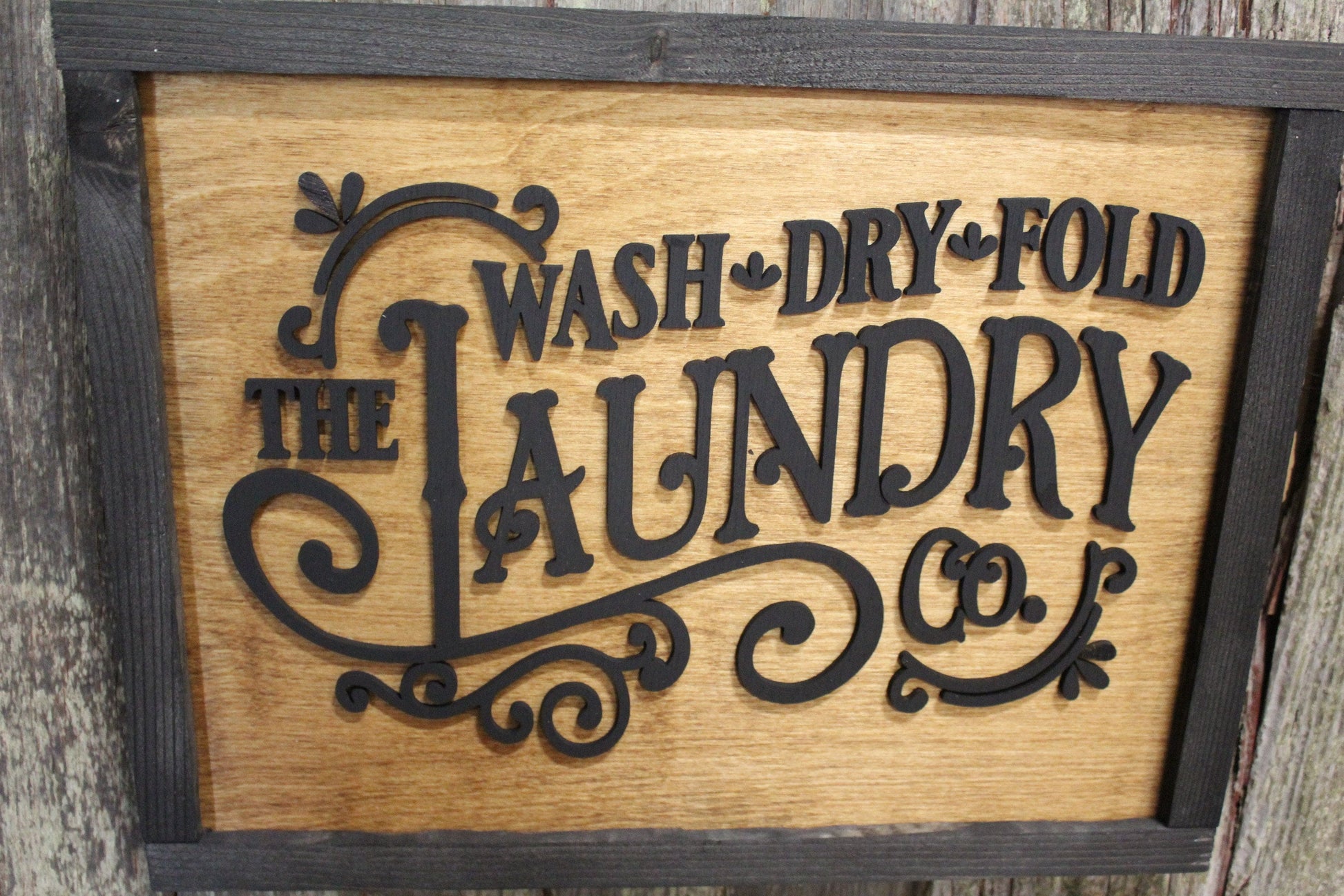 Laundry Room Filigree Scroll Work Hanging Wall Sign Wash Dry Fold 3D Raised Text Black Rustic Primitive Country Barn wood Laser Text Framed