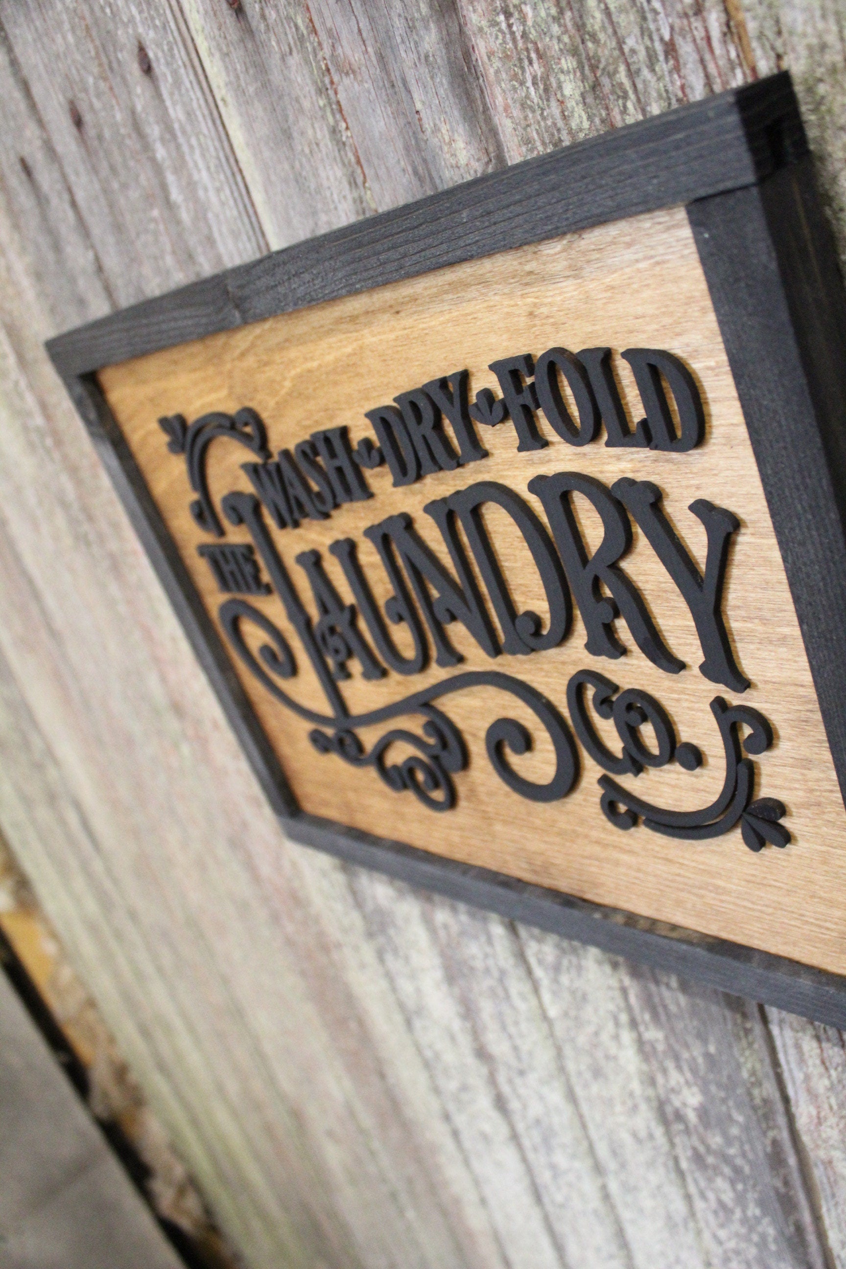 Laundry Room Filigree Scroll Work Hanging Wall Sign Wash Dry Fold 3D Raised Text Black Rustic Primitive Country Barn wood Laser Text Framed