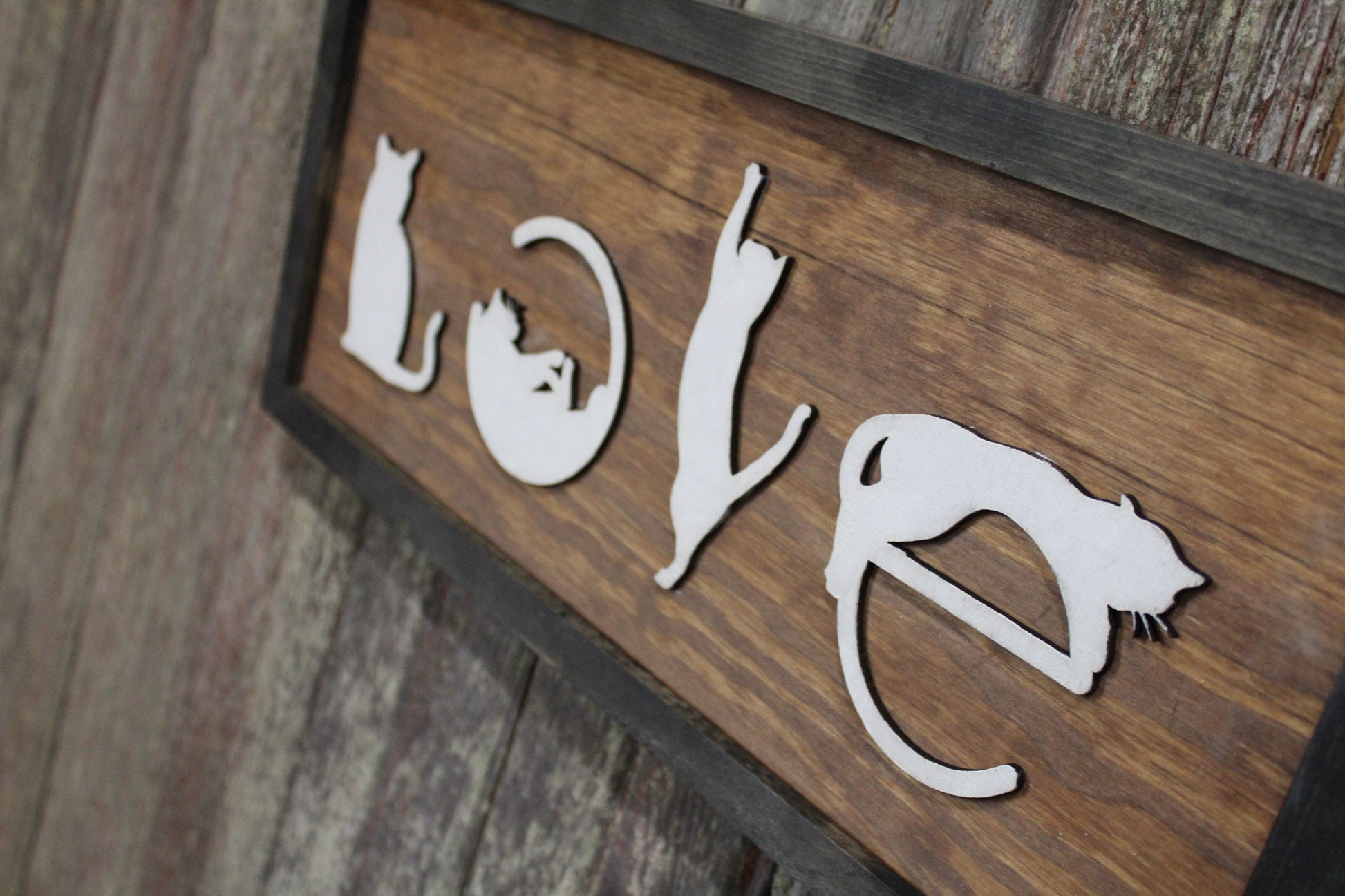Love Spelled with Kittens Cats Cat Silhouette Pet Rustic Primitive Cat Lover Gift Wood Sign 3D Raised Image White Brown Frame Decoration